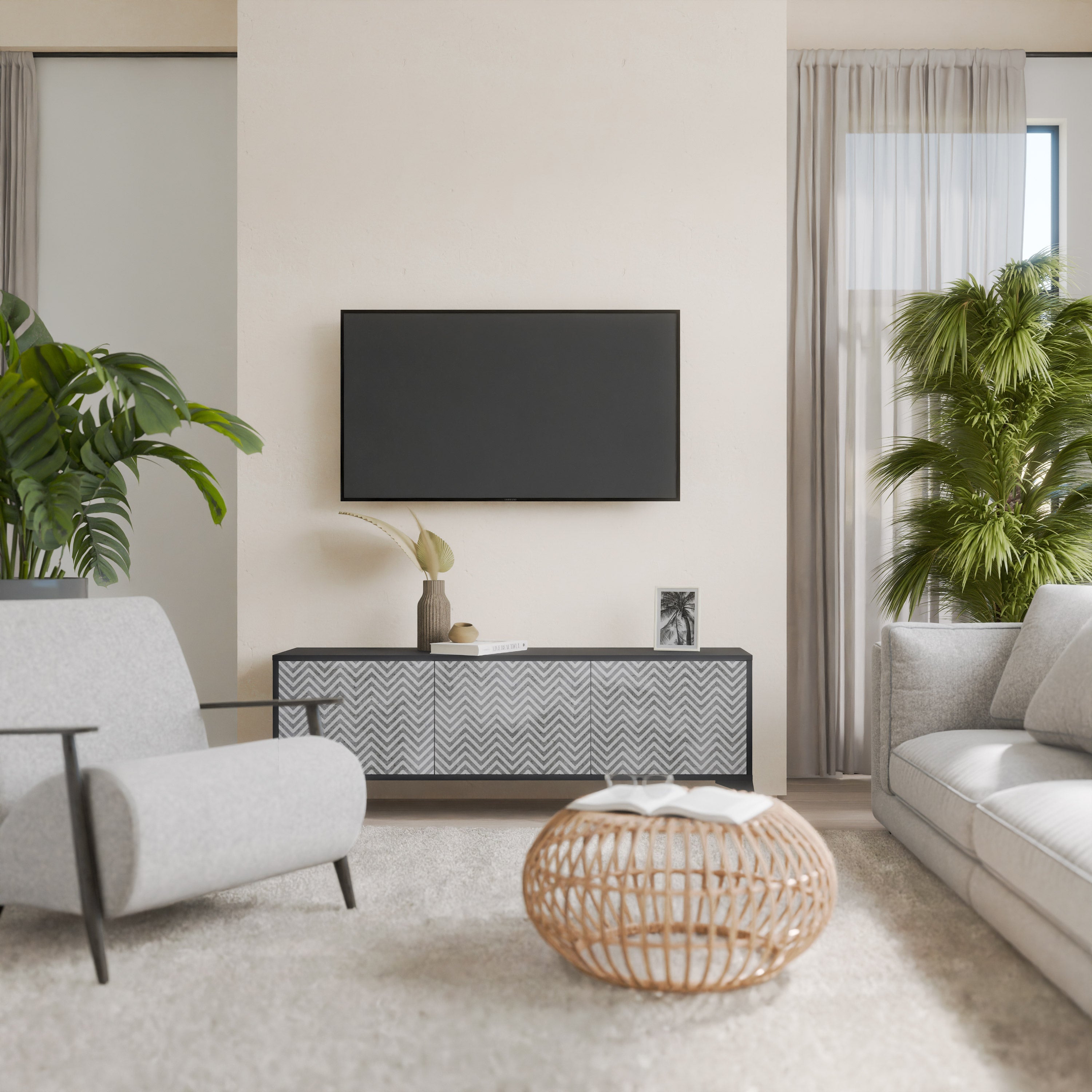 CONCRETE ZIG ZAG Móvel de TV com 3 Portas em Acabamento Preto