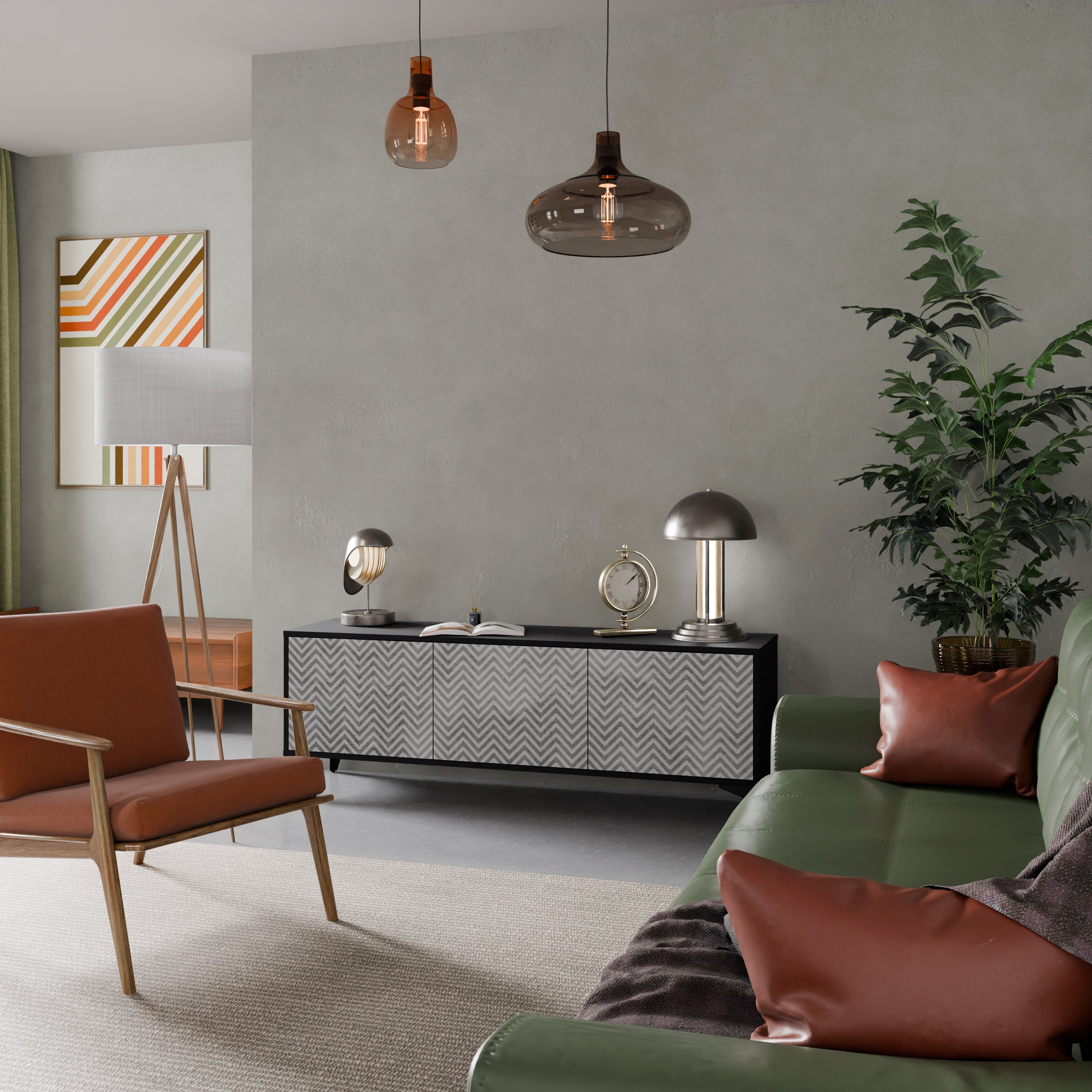 CONCRETE ZIG ZAG Móvel de TV com 3 Portas em Acabamento Preto