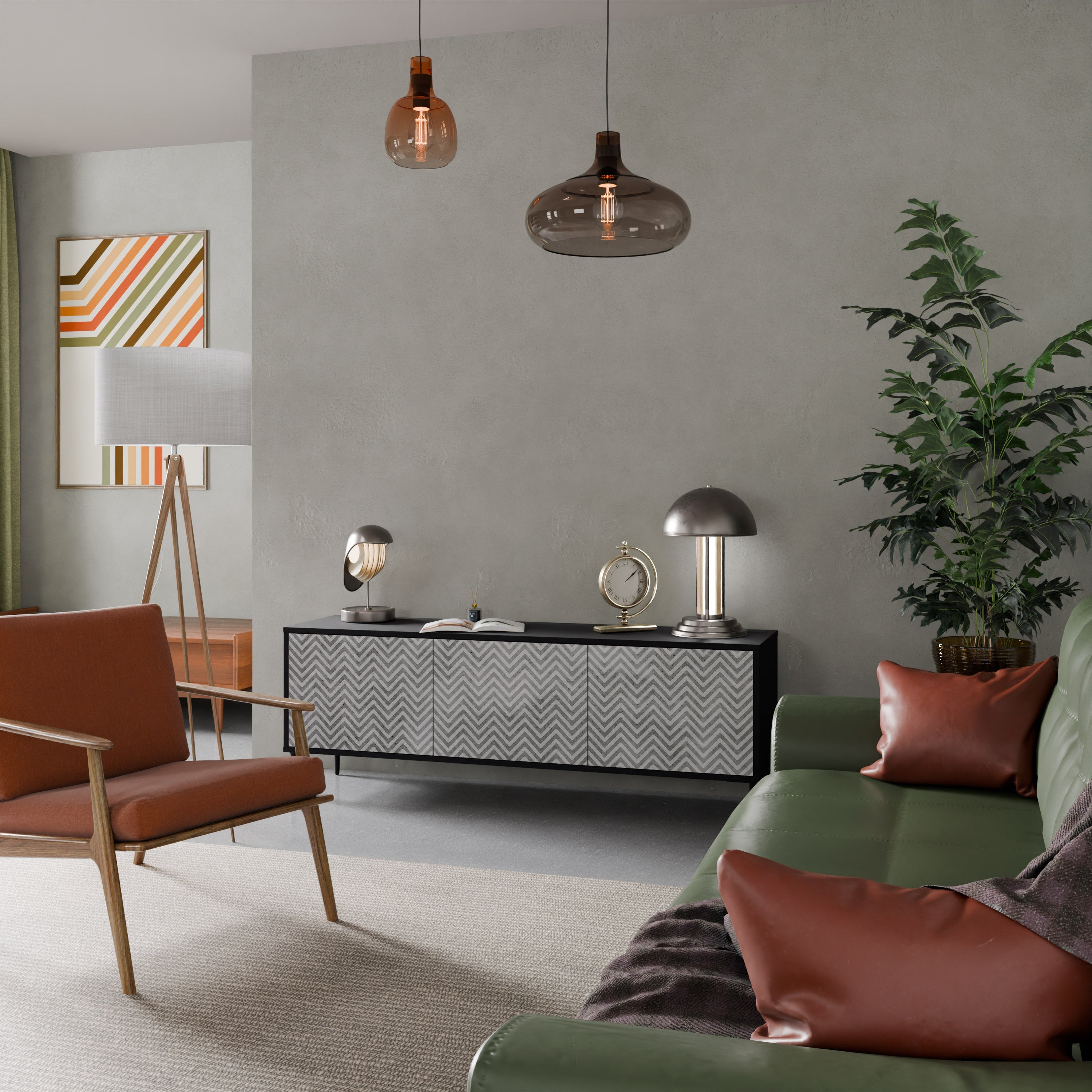 CONCRETE ZIG ZAG Móvel de TV com 3 Portas em Acabamento Preto