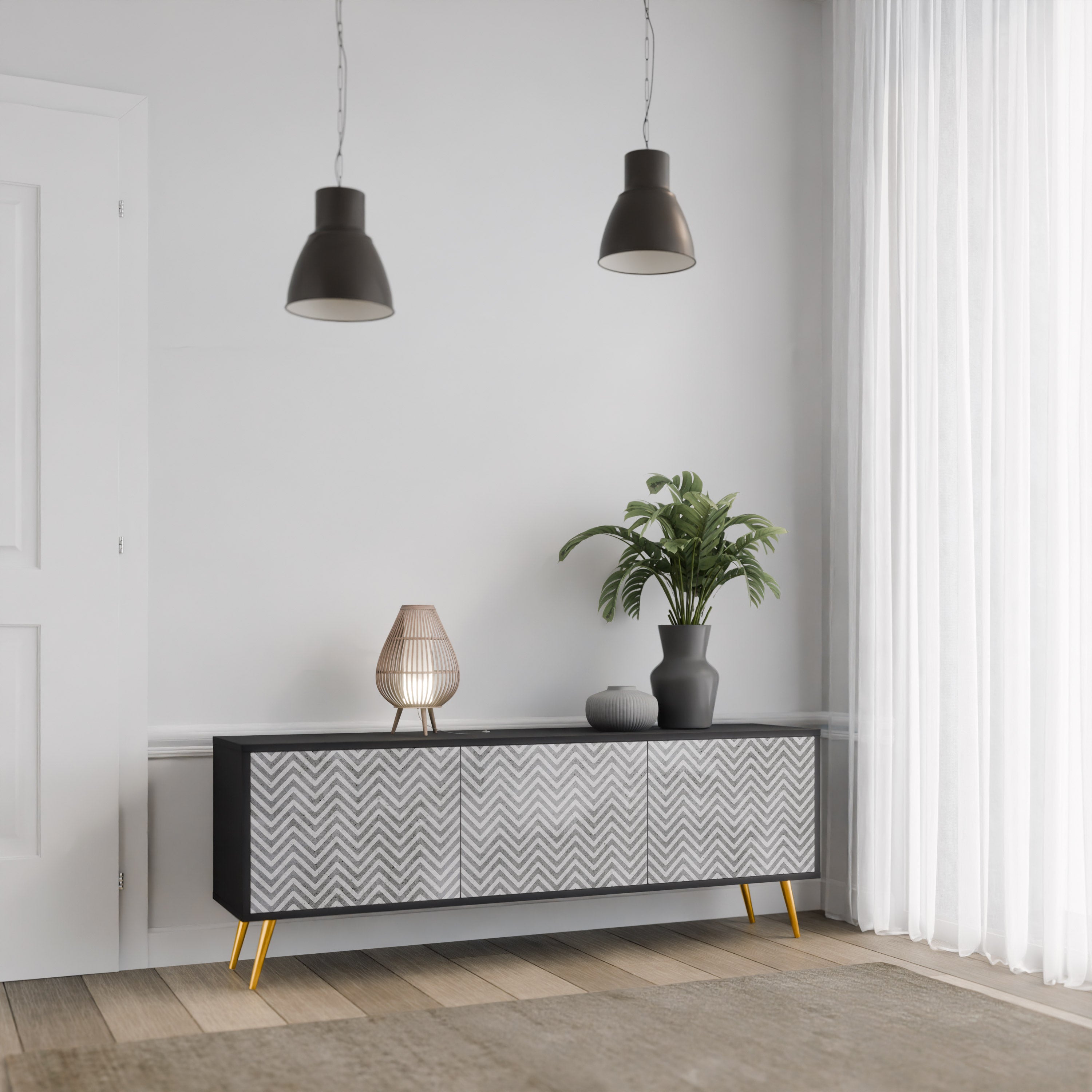 CONCRETE ZIG ZAG Móvel de TV com 3 Portas em Acabamento Preto