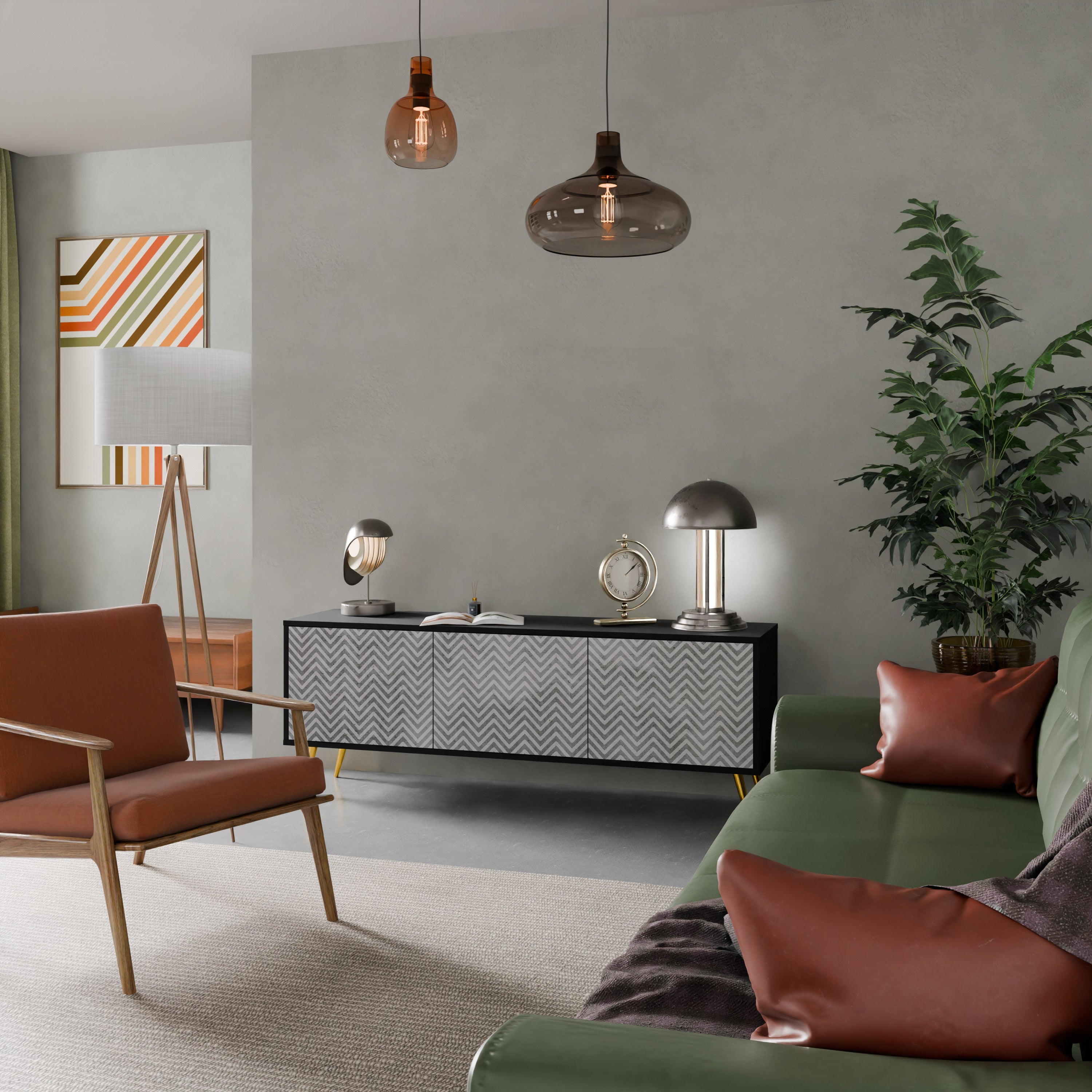 CONCRETE ZIG ZAG Móvel de TV com 3 Portas em Acabamento Preto