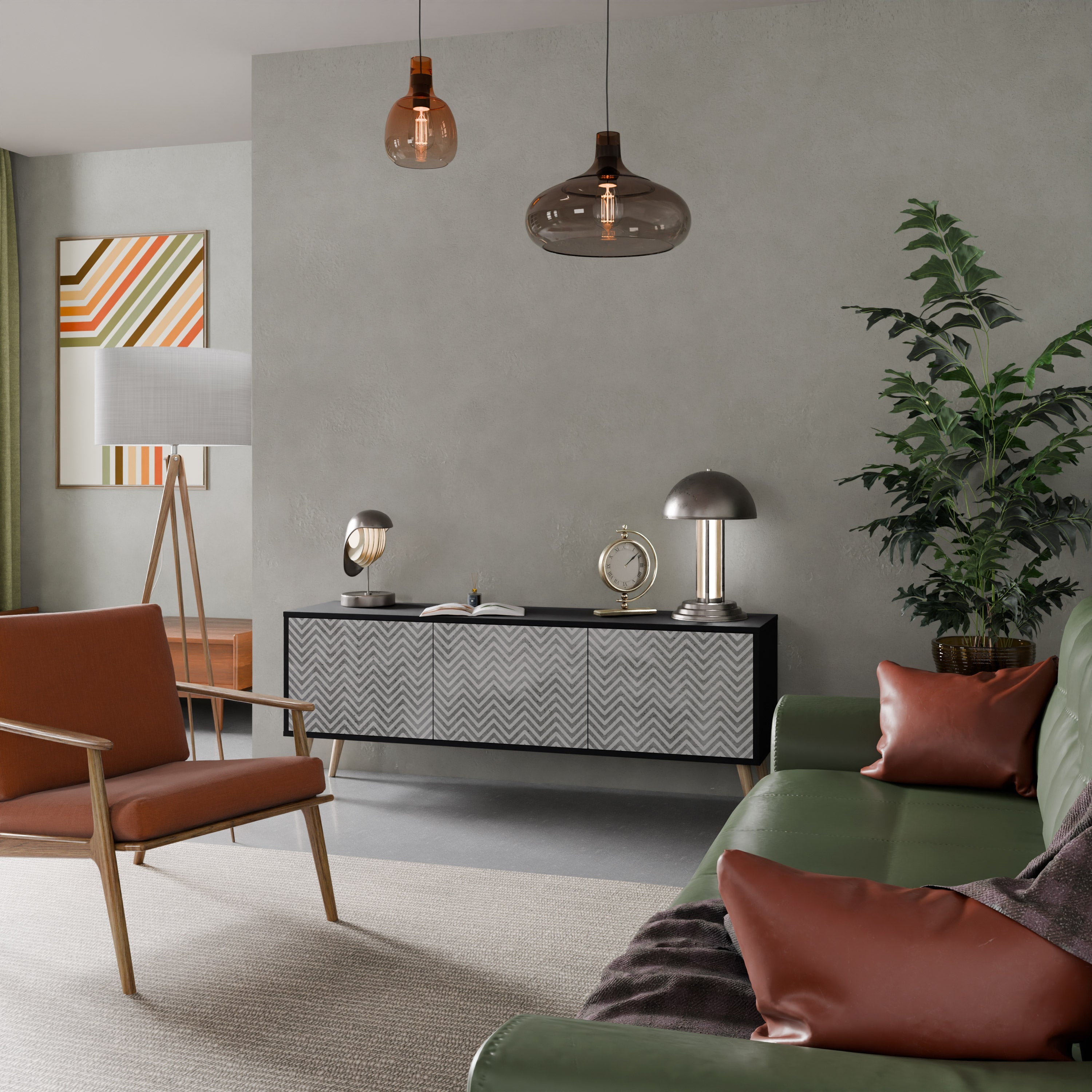 CONCRETE ZIG ZAG Móvel de TV com 3 Portas em Acabamento Preto