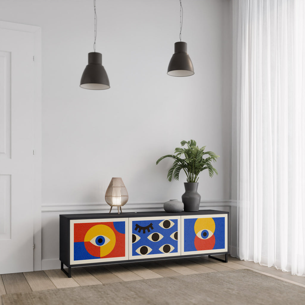 GEOMETRIC EYES 3-Door TV Stand in Black Finish