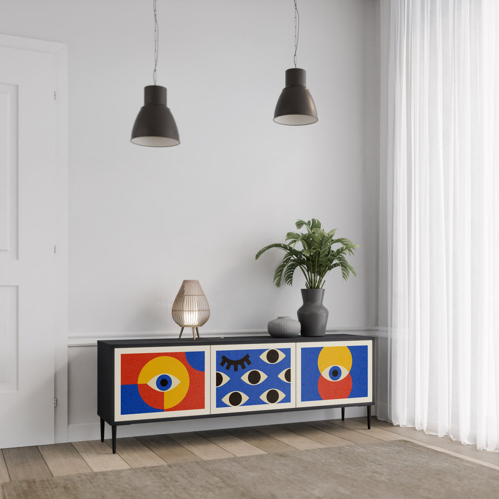 GEOMETRIC EYES 3-Door TV Stand in Black Finish