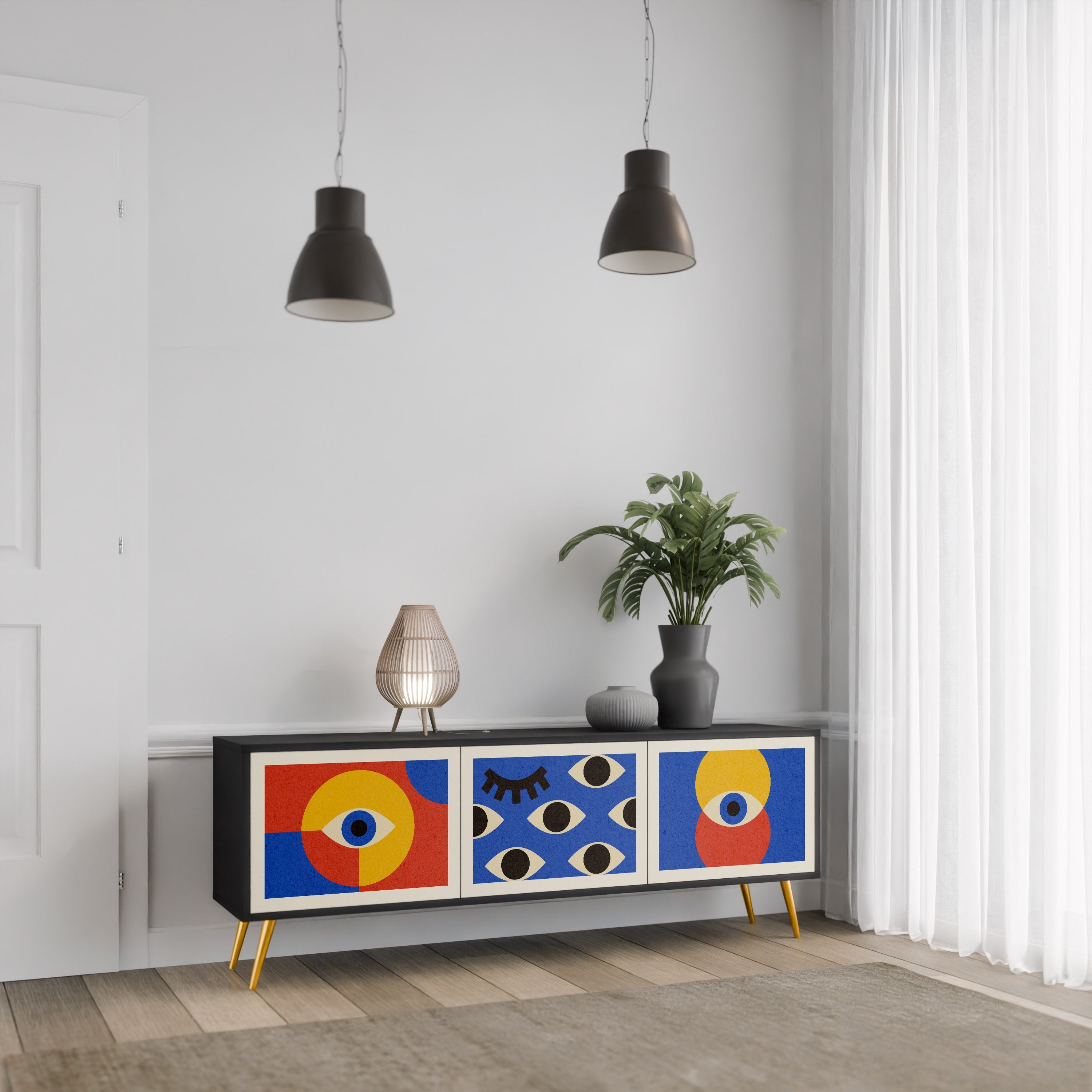GEOMETRIC EYES 3-Door TV Stand in Black Finish