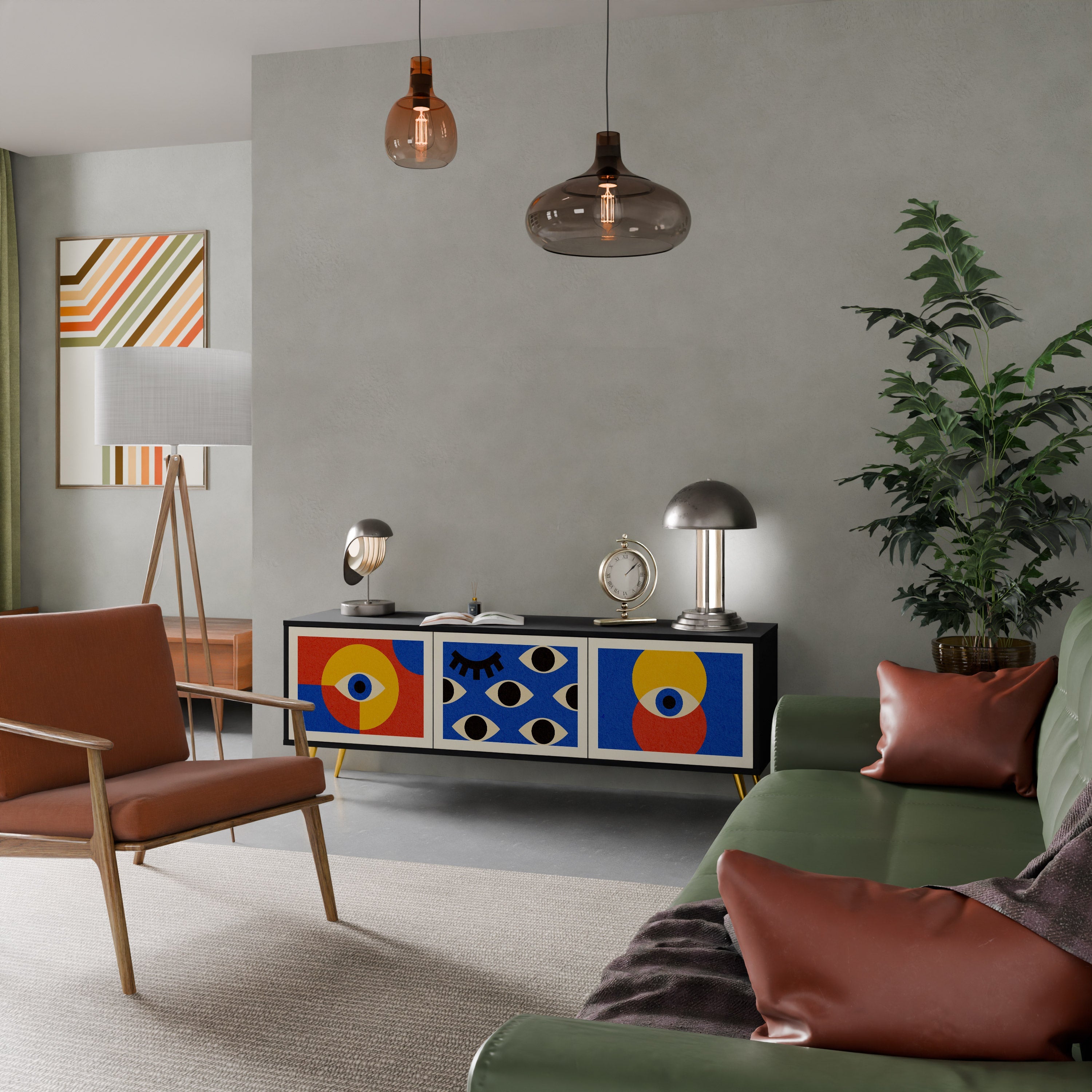 GEOMETRIC EYES 3-Door TV Stand in Black Finish