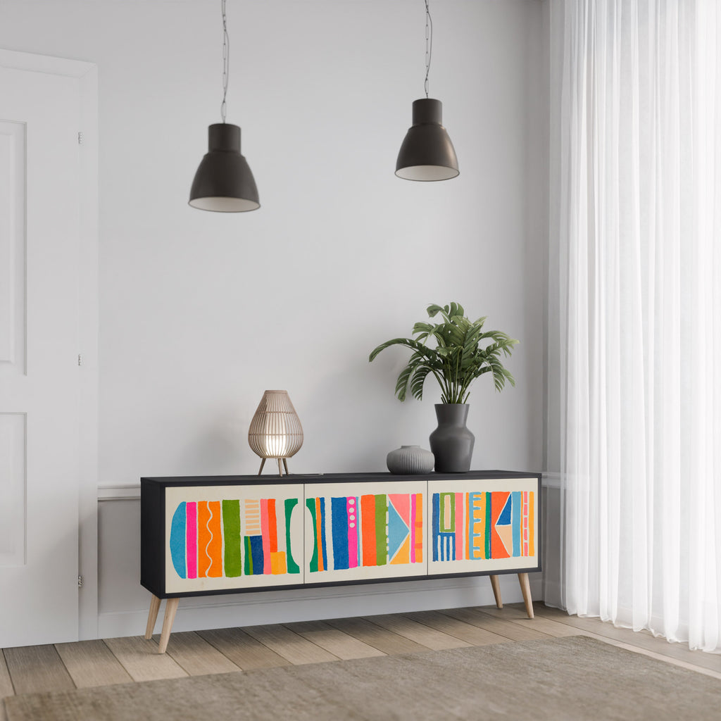 GEOMETRIC SHINE 3-Door TV Stand in Black Finish