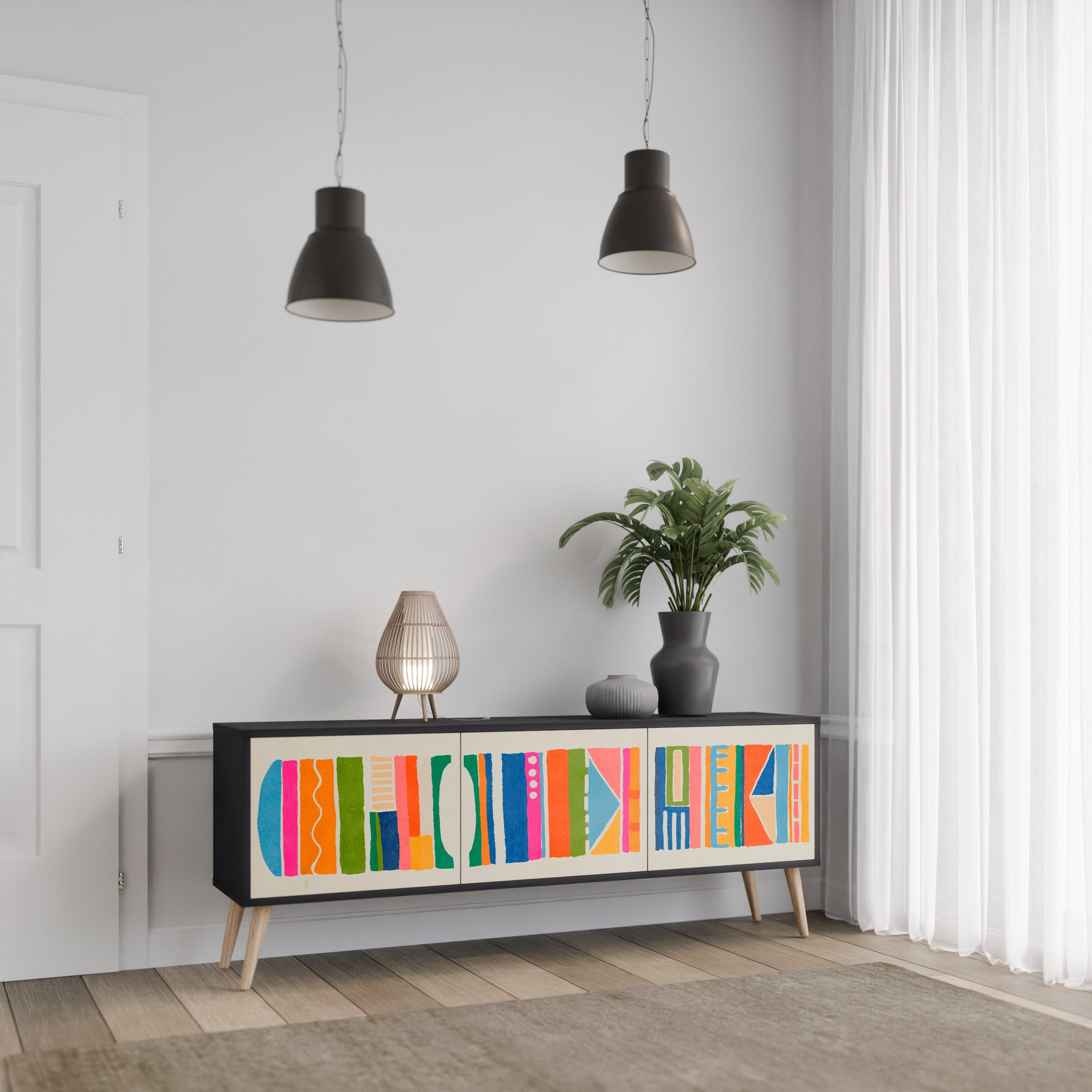 GEOMETRIC SHINE 3-Door TV Stand in Black Finish