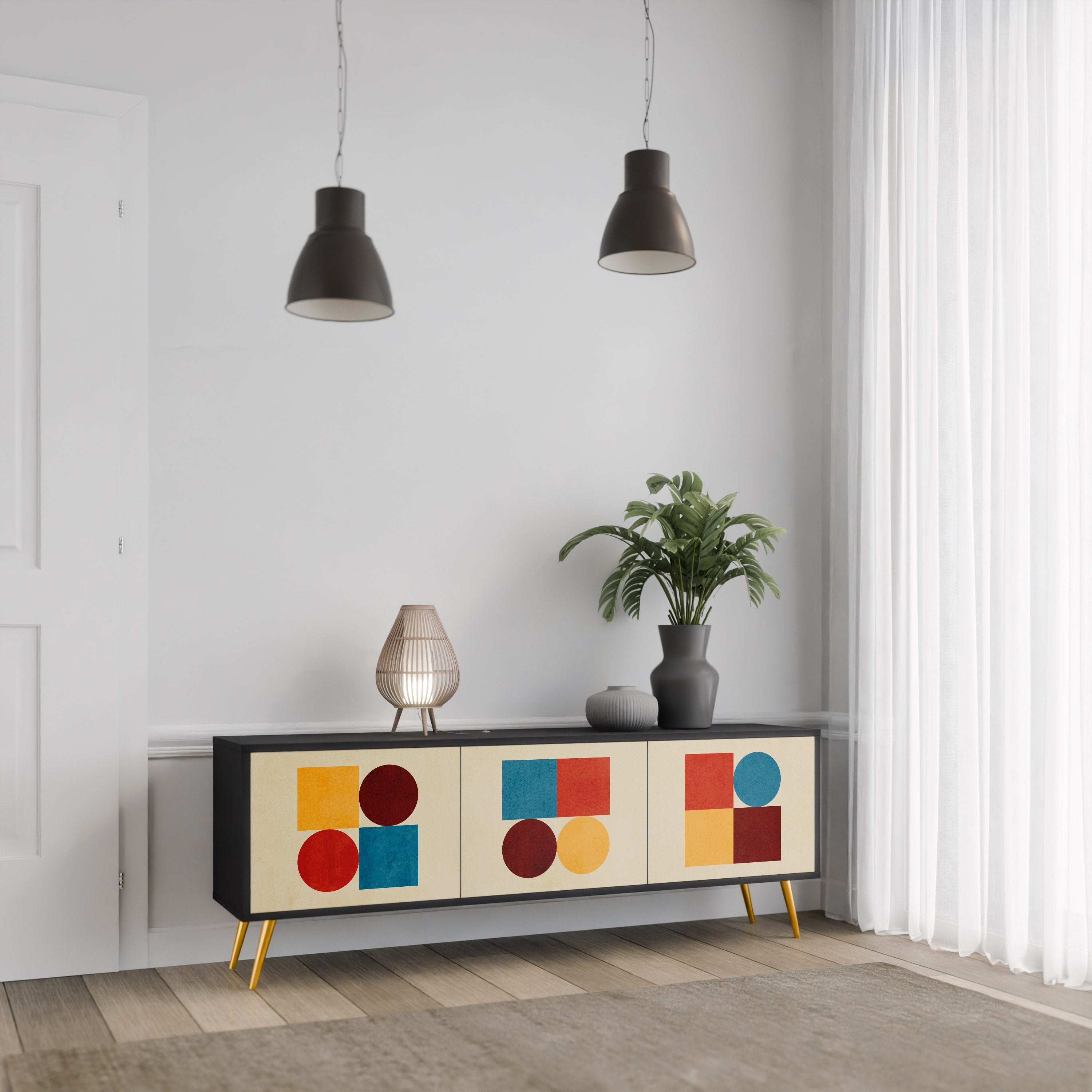 GEOMETRIC PUZZLE 3-Door TV Stand in Black Finish