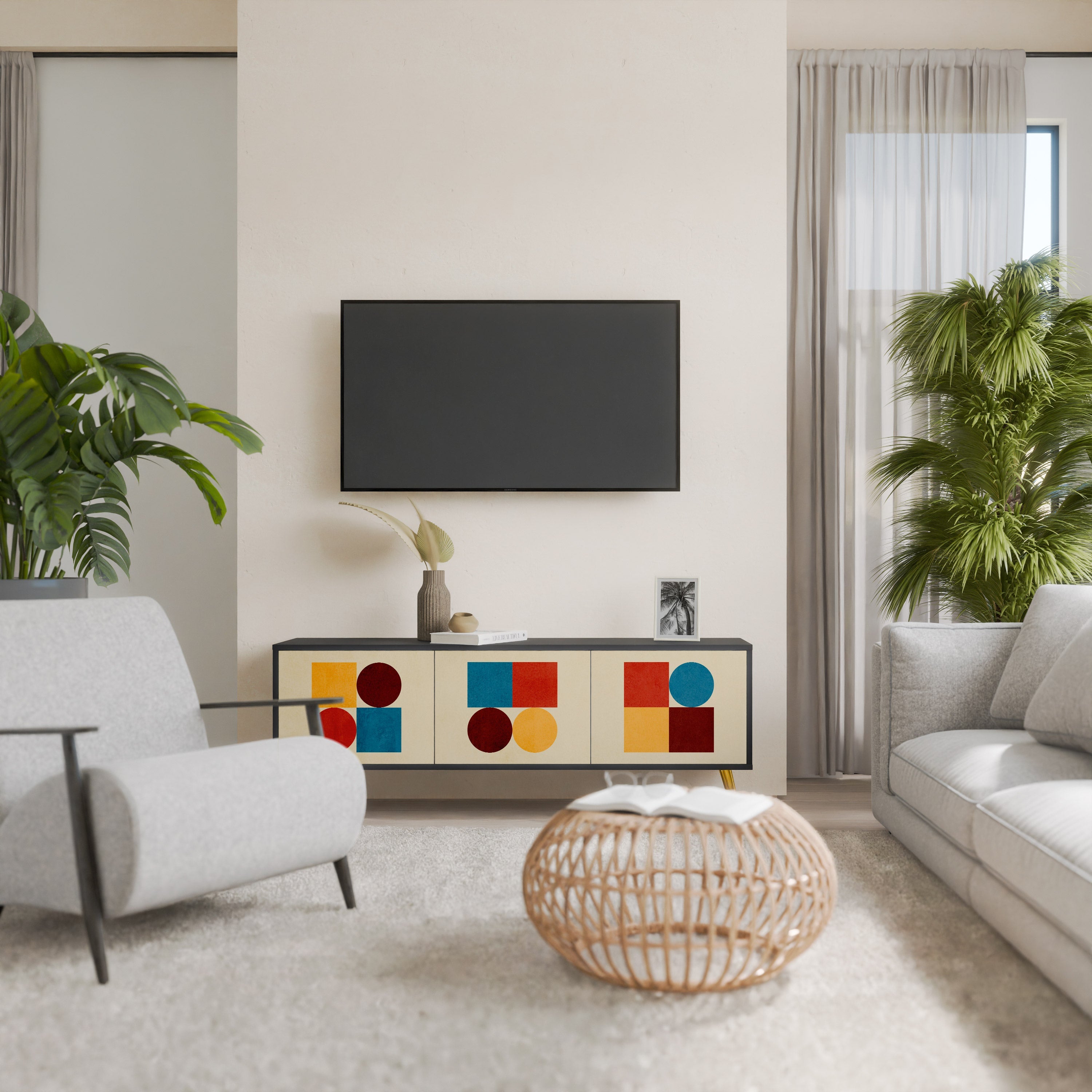 GEOMETRIC PUZZLE 3-Door TV Stand in Black Finish