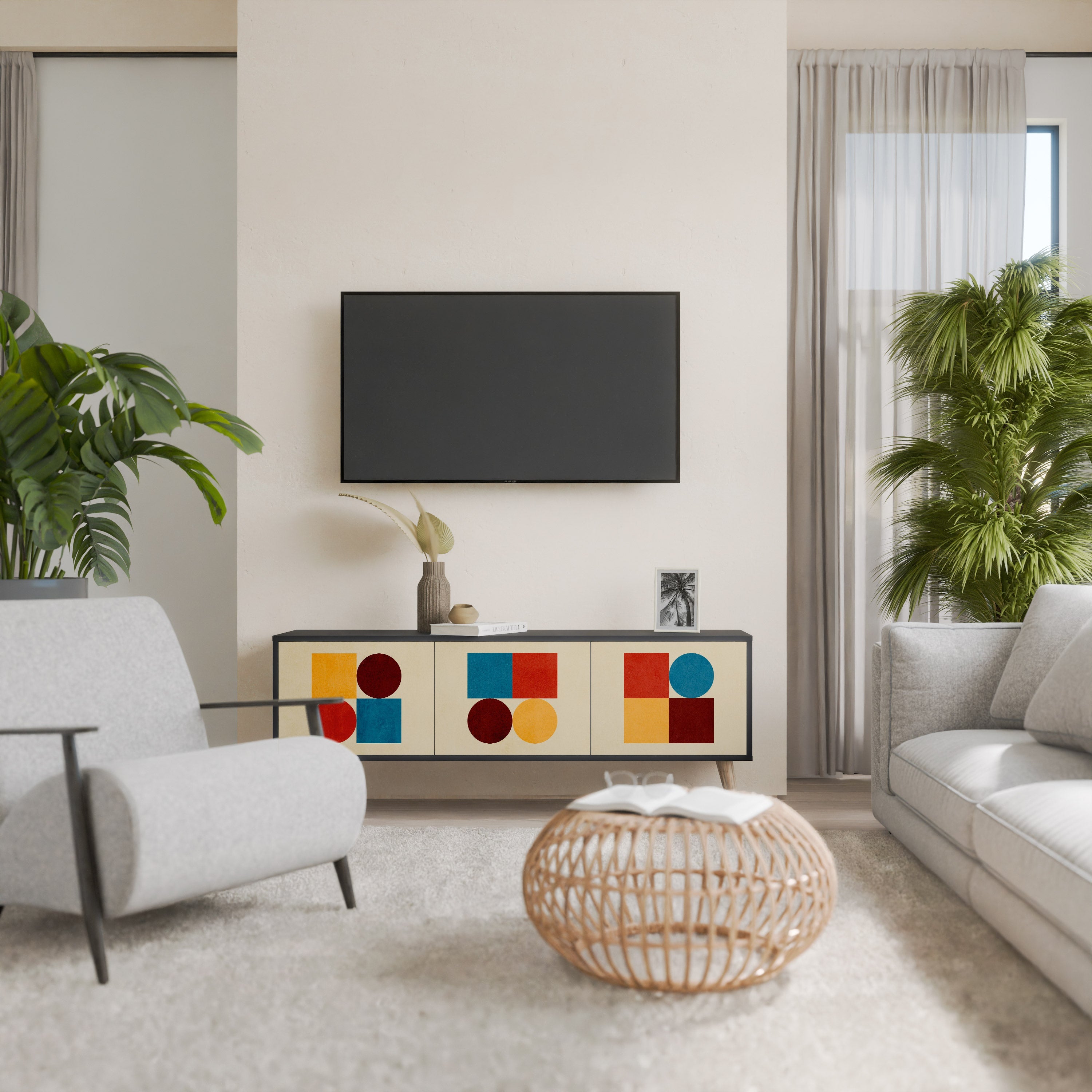 GEOMETRIC PUZZLE 3-Door TV Stand in Black Finish