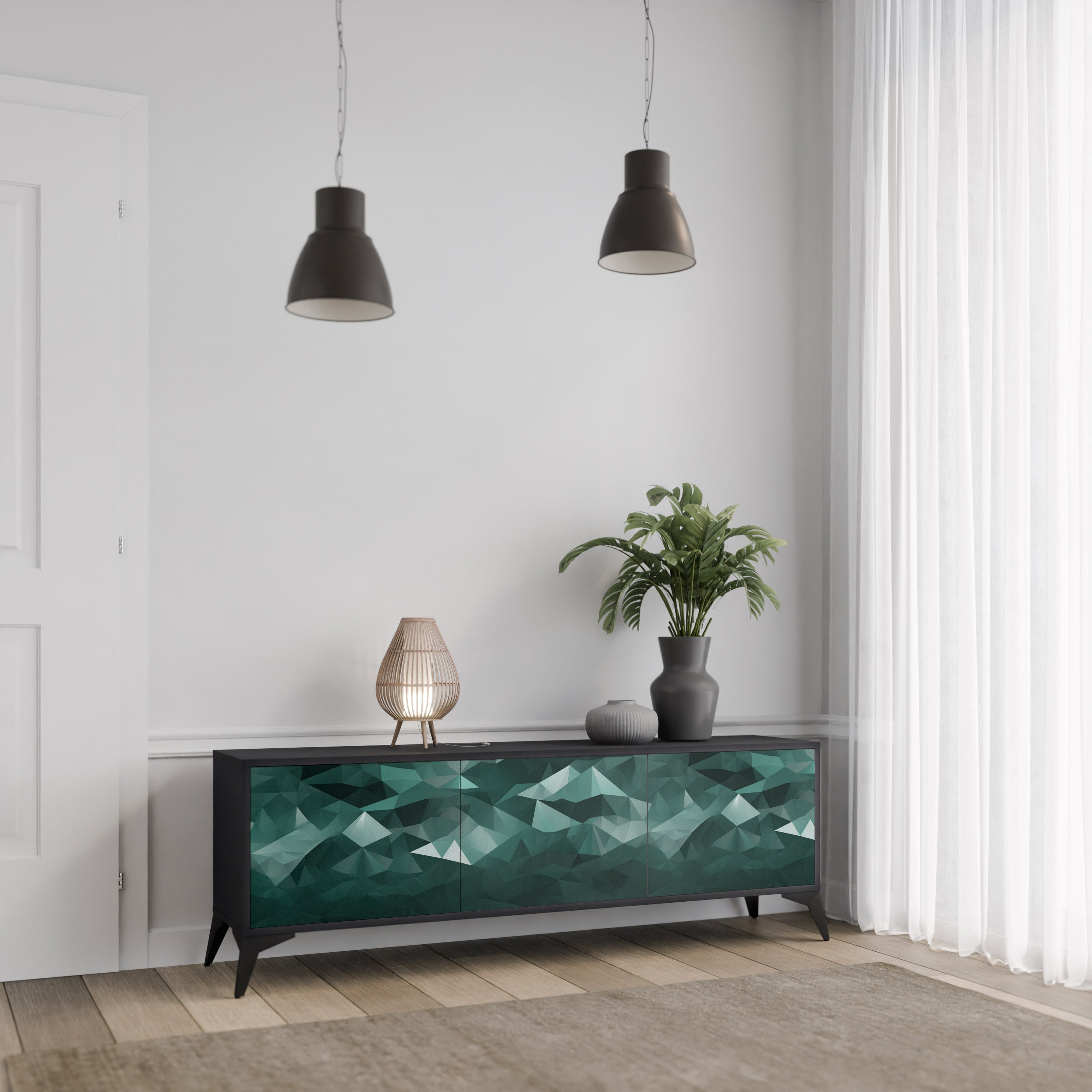 POLYGONAL FLOATING Móvel de TV com 3 Portas em Acabamento Preto