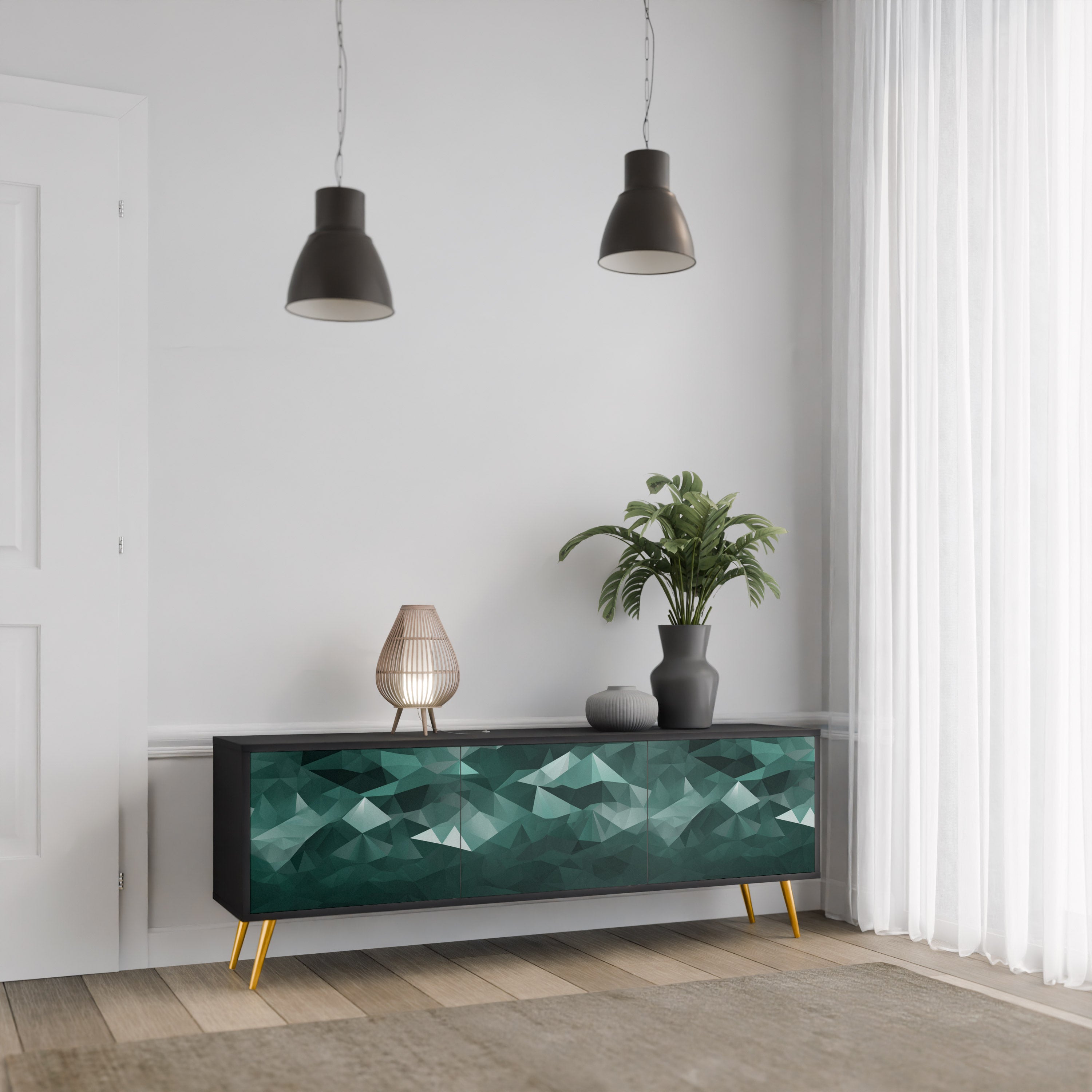 POLYGONAL FLOATING Móvel de TV com 3 Portas em Acabamento Preto