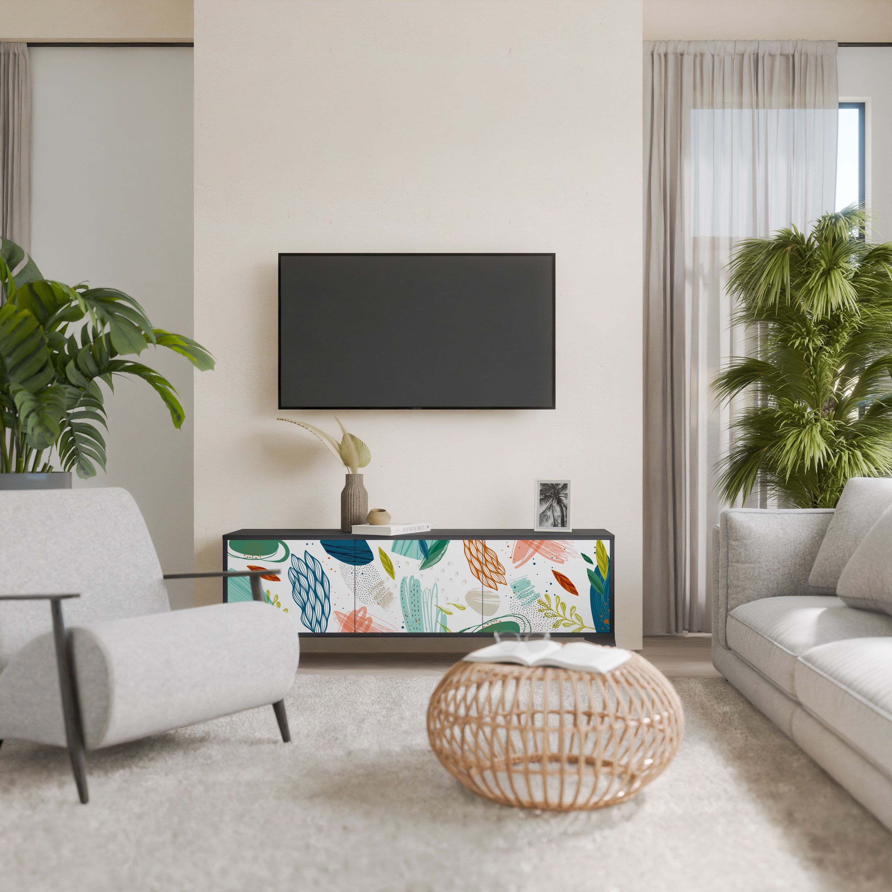 BOTANICAL HURRICANE Móvel de TV com 3 Portas em Acabamento Preto