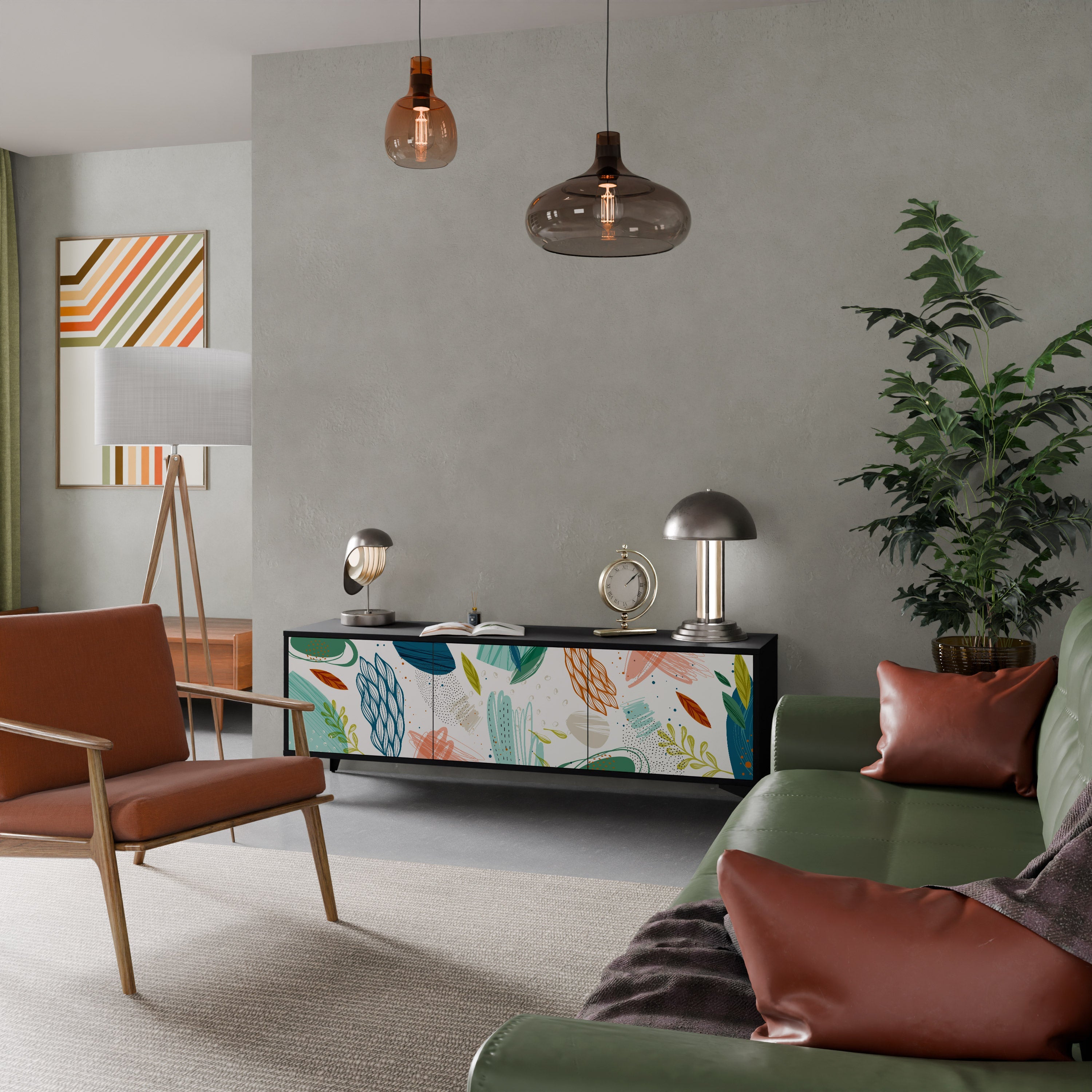 BOTANICAL HURRICANE Móvel de TV com 3 Portas em Acabamento Preto