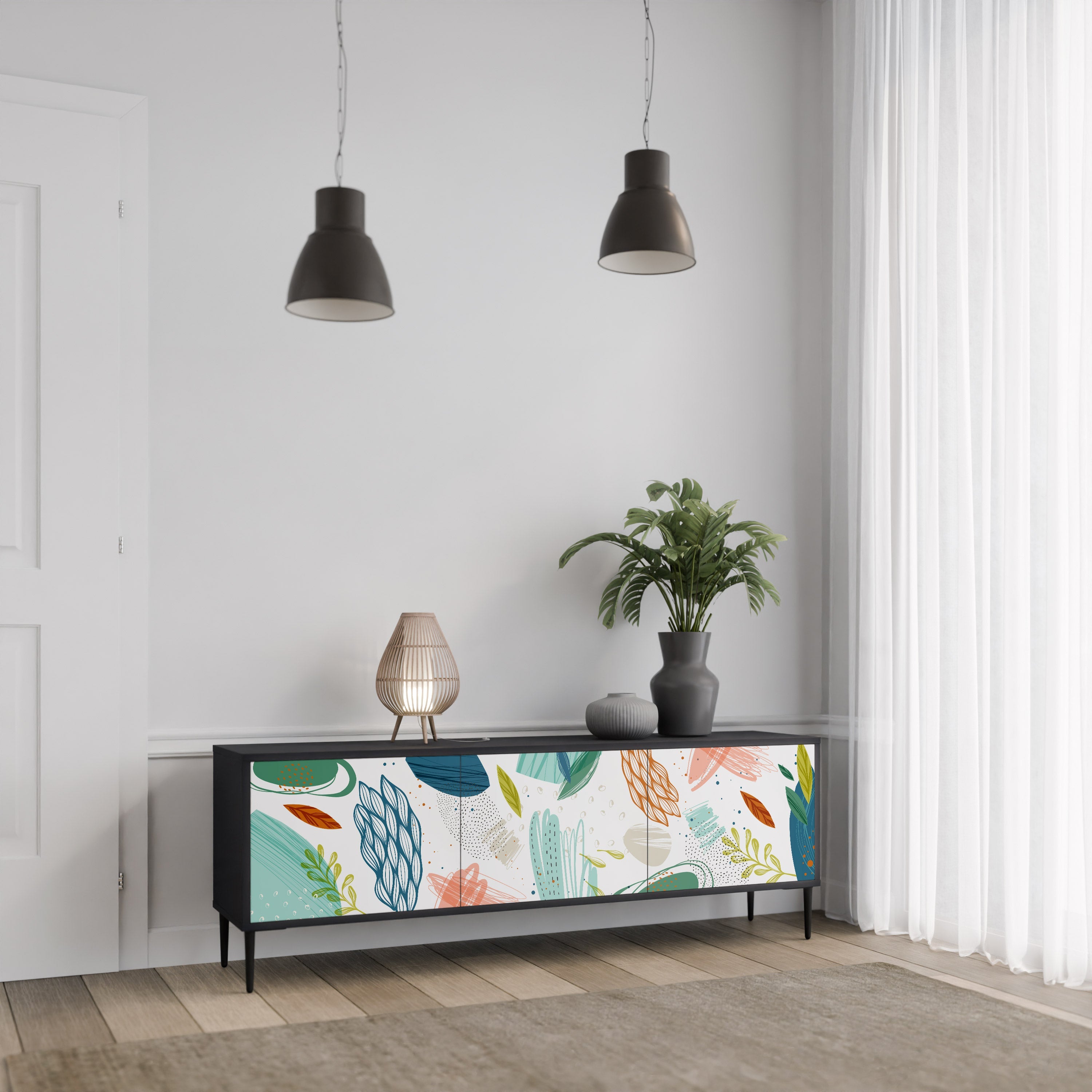 BOTANICAL HURRICANE Móvel de TV com 3 Portas em Acabamento Preto