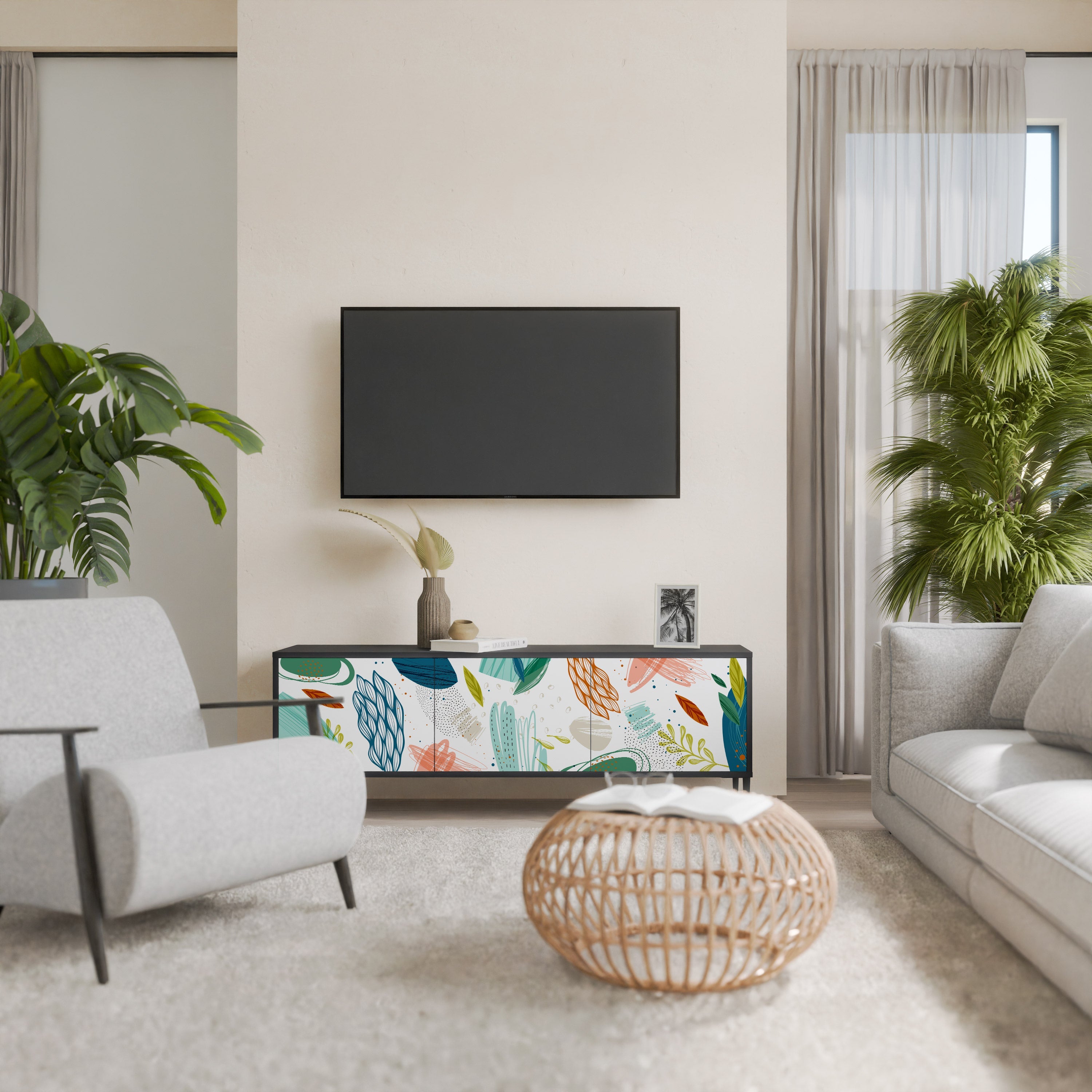 BOTANICAL HURRICANE Móvel de TV com 3 Portas em Acabamento Preto