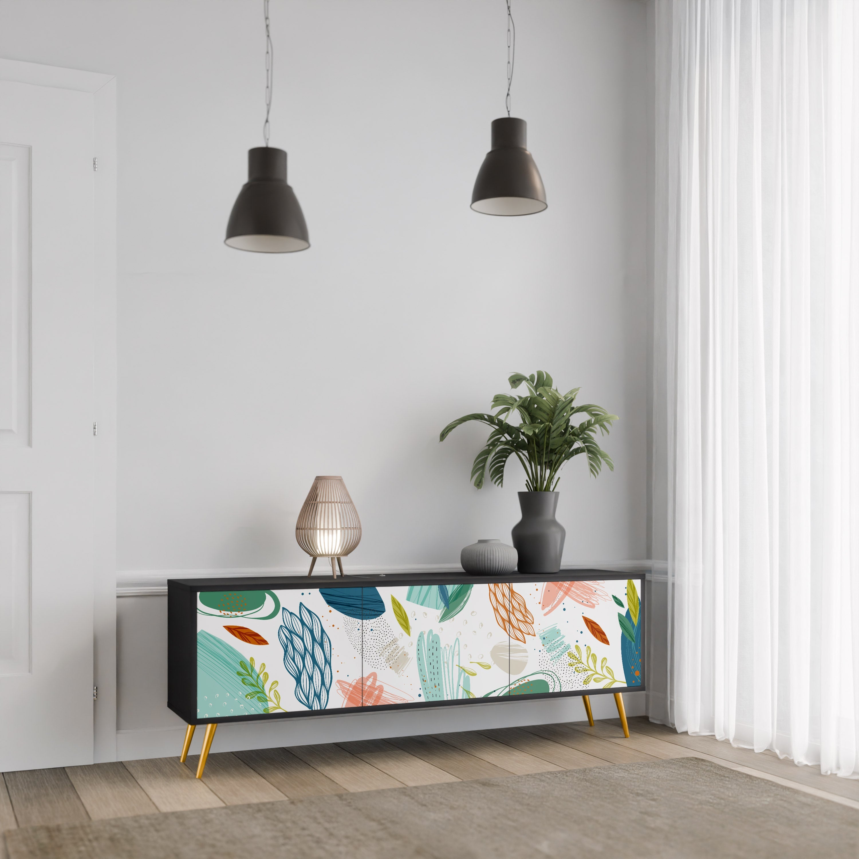 BOTANICAL HURRICANE Móvel de TV com 3 Portas em Acabamento Preto