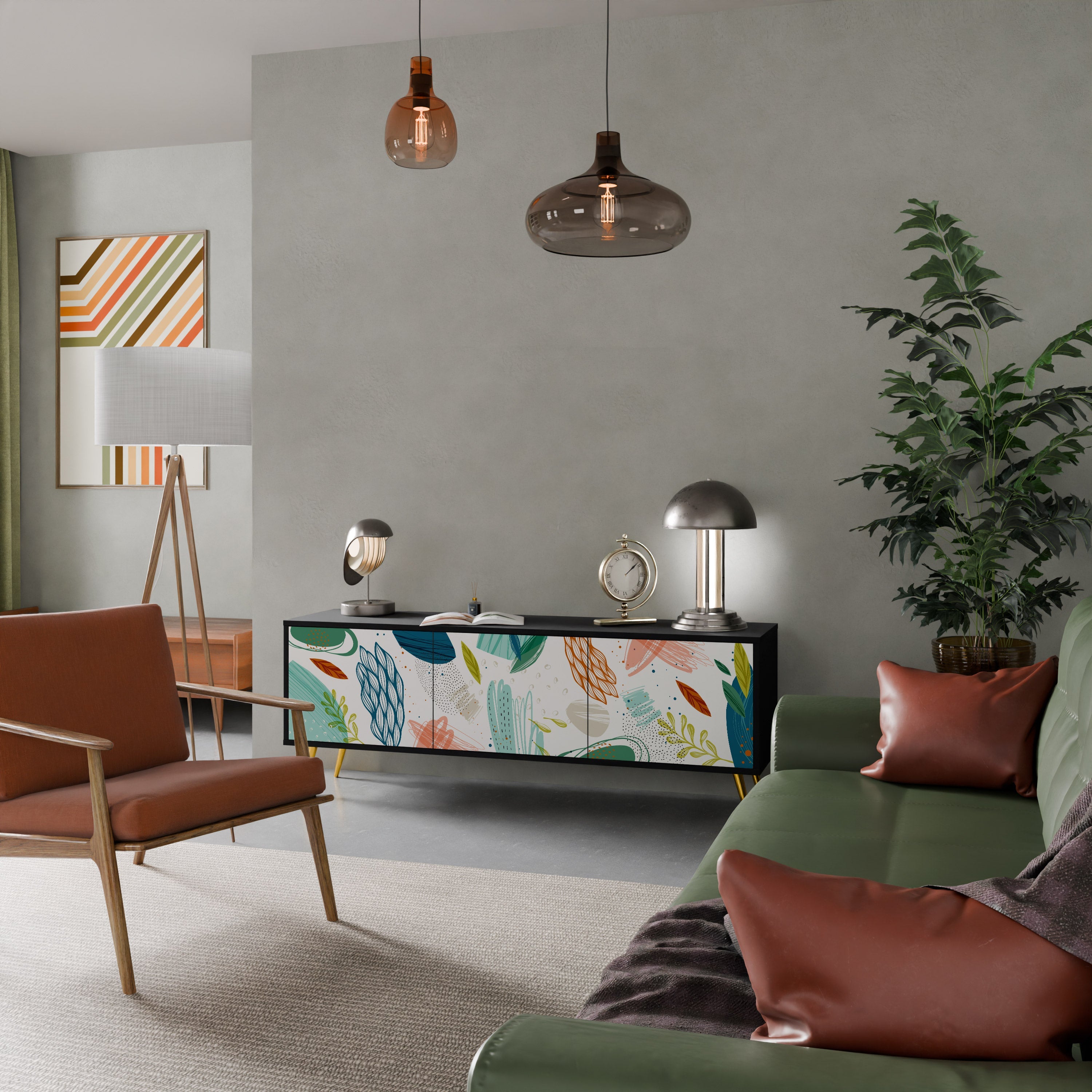 BOTANICAL HURRICANE Móvel de TV com 3 Portas em Acabamento Preto