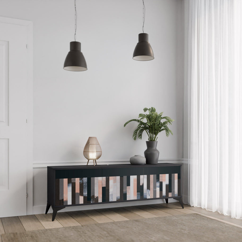 COLLAGE OF RECTANGLES 3-Door TV Stand in Black Finish