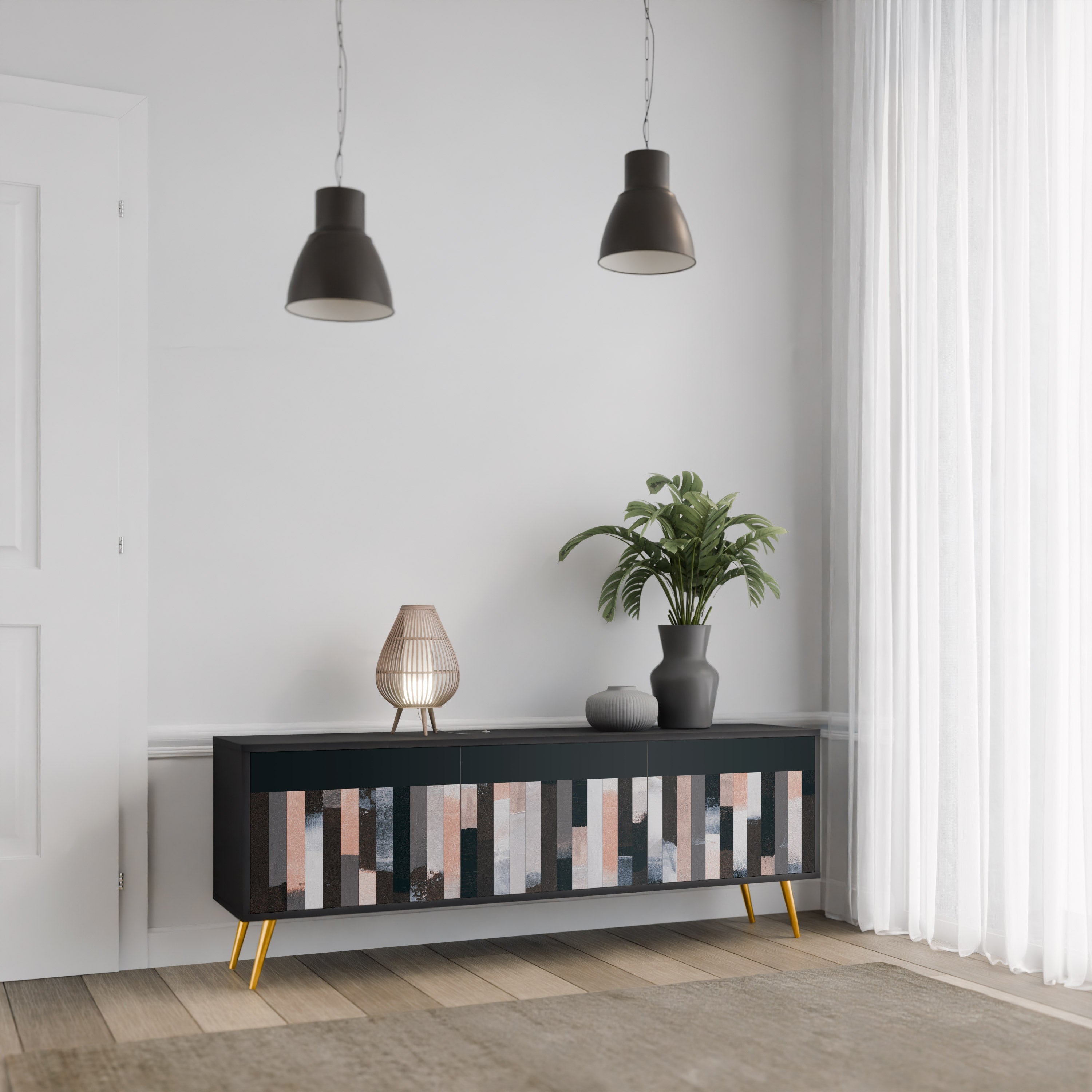 COLLAGE OF RECTANGLES 3-Door TV Stand in Black Finish