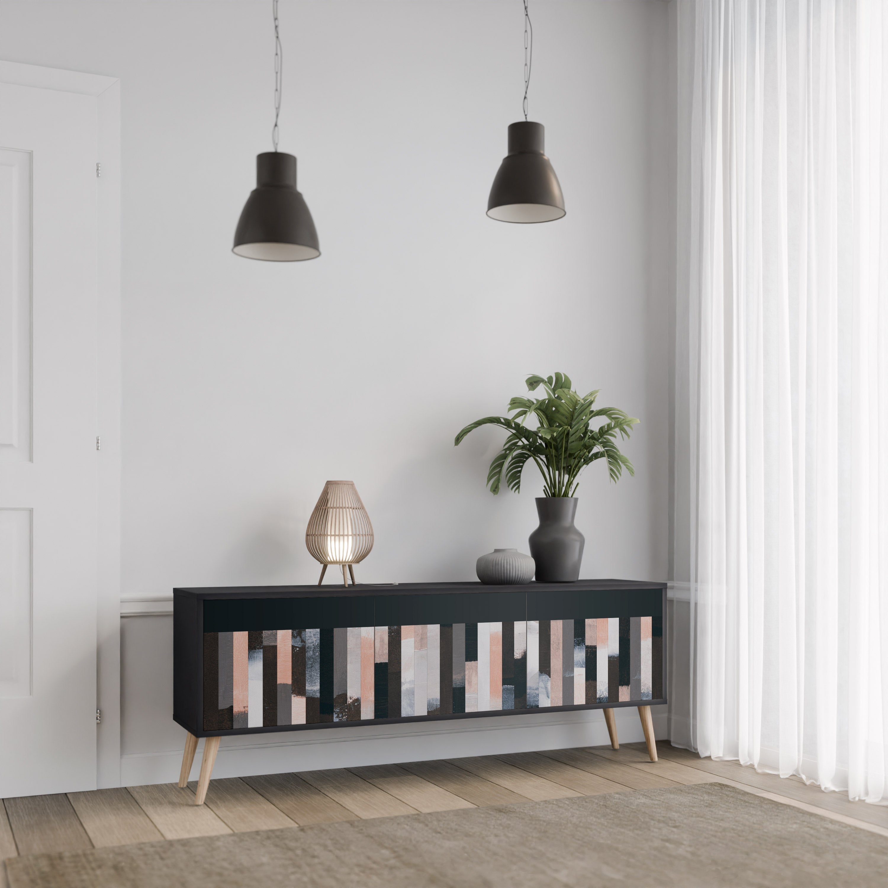 COLLAGE OF RECTANGLES 3-Door TV Stand in Black Finish