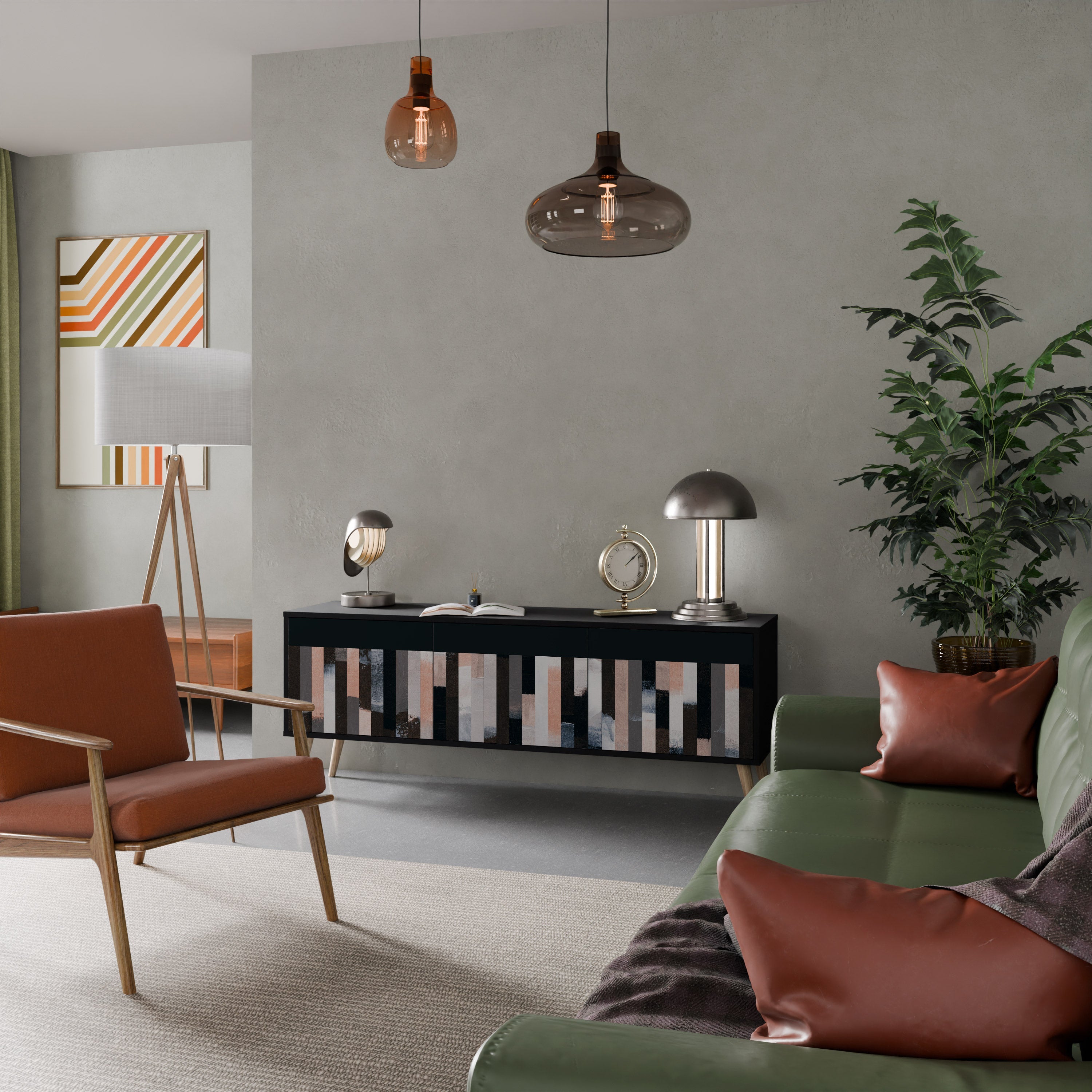 COLLAGE OF RECTANGLES 3-Door TV Stand in Black Finish