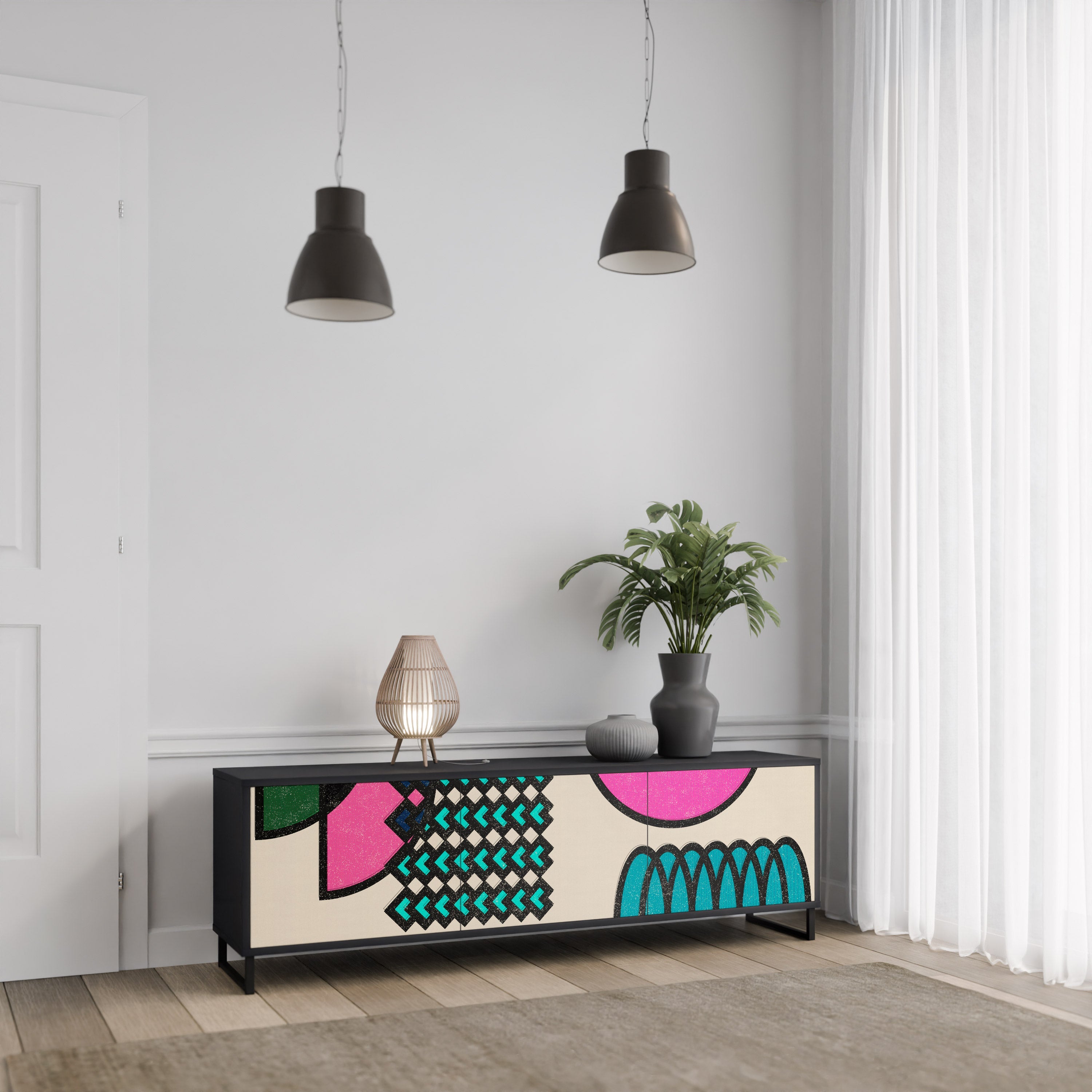 GEOMETRIC RHAPSODY 3-Door TV Stand in Black Finish