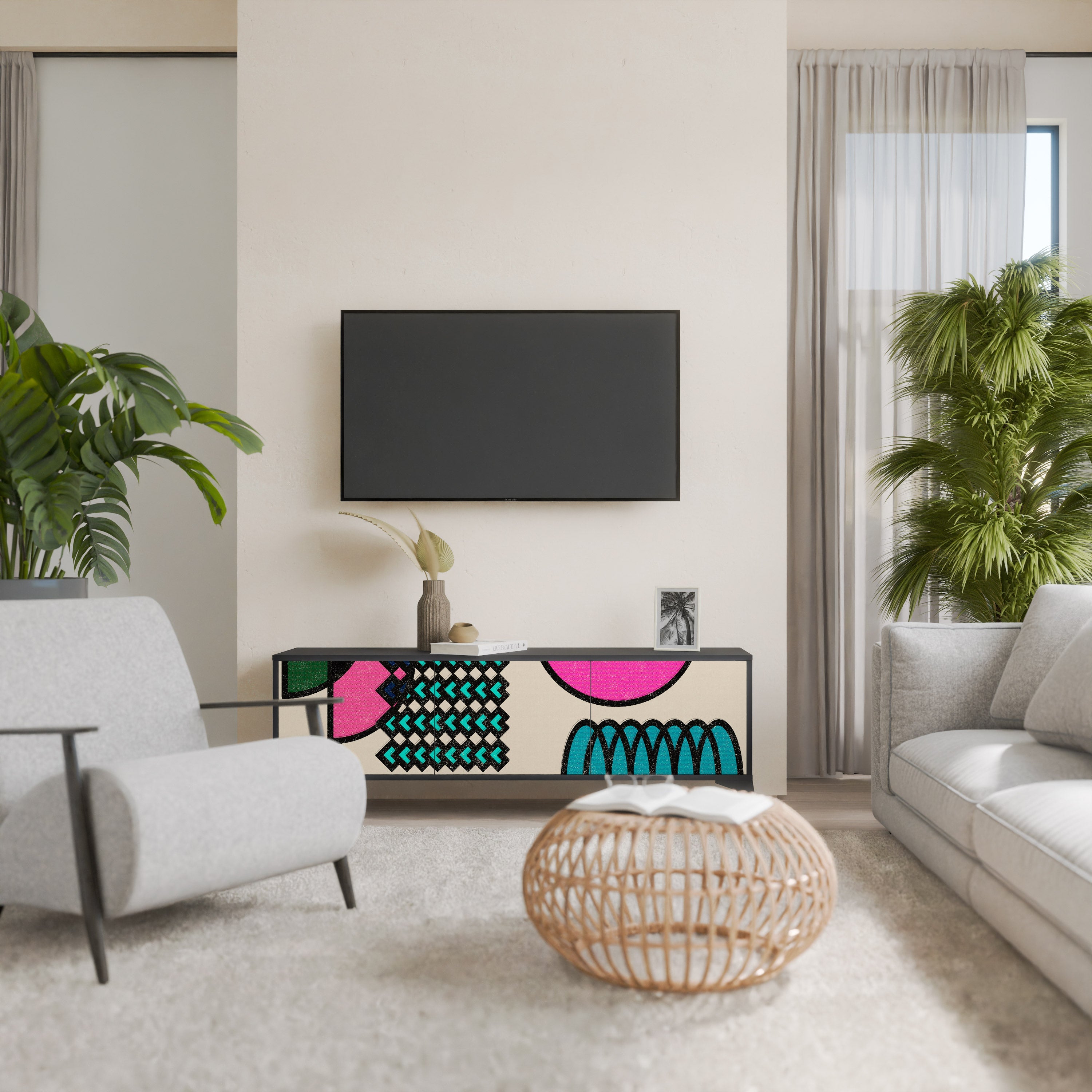 GEOMETRIC RHAPSODY 3-Door TV Stand in Black Finish