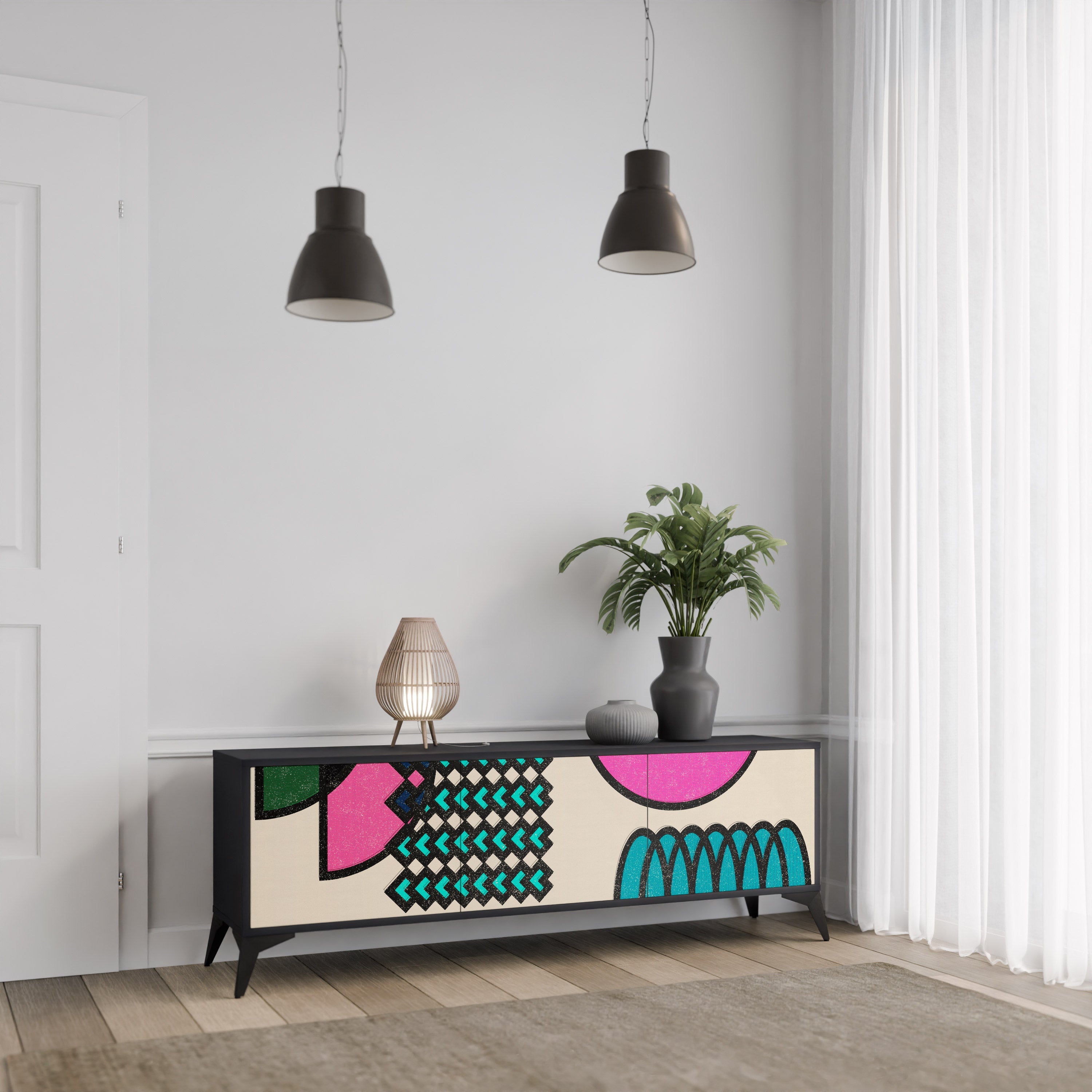 GEOMETRIC RHAPSODY 3-Door TV Stand in Black Finish