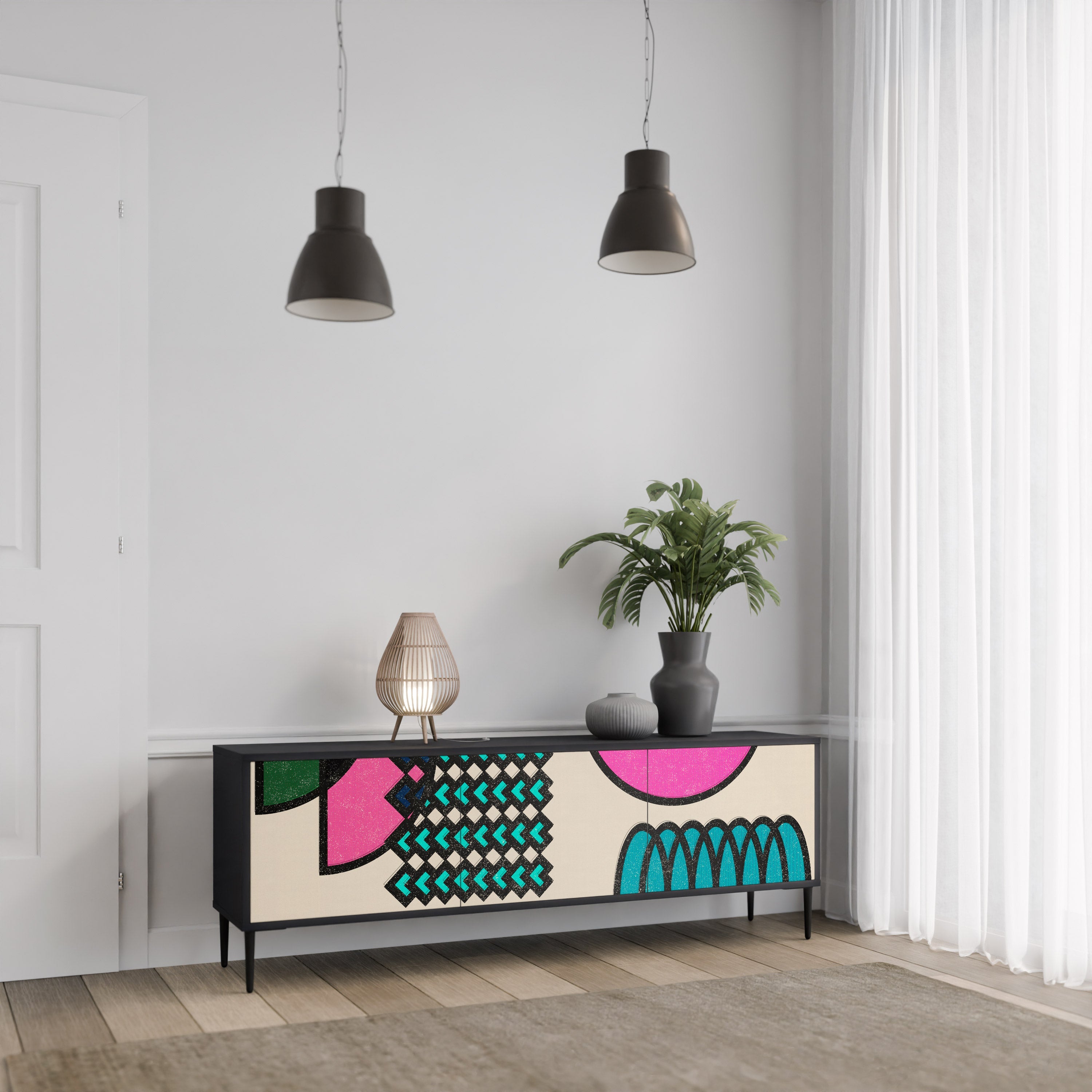 GEOMETRIC RHAPSODY Móvel de TV com 3 Portas em Acabamento Preto