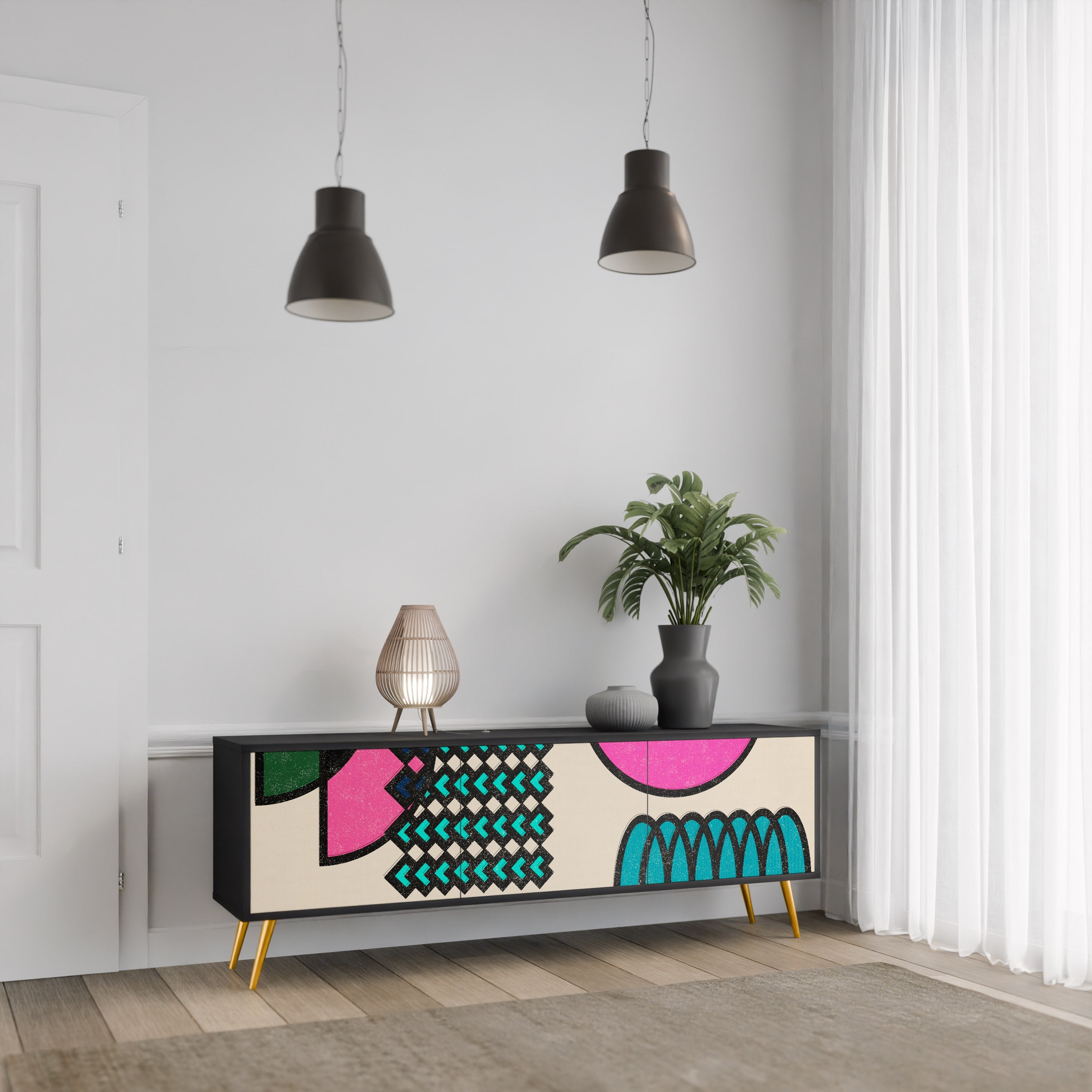 GEOMETRIC RHAPSODY 3-Door TV Stand in Black Finish