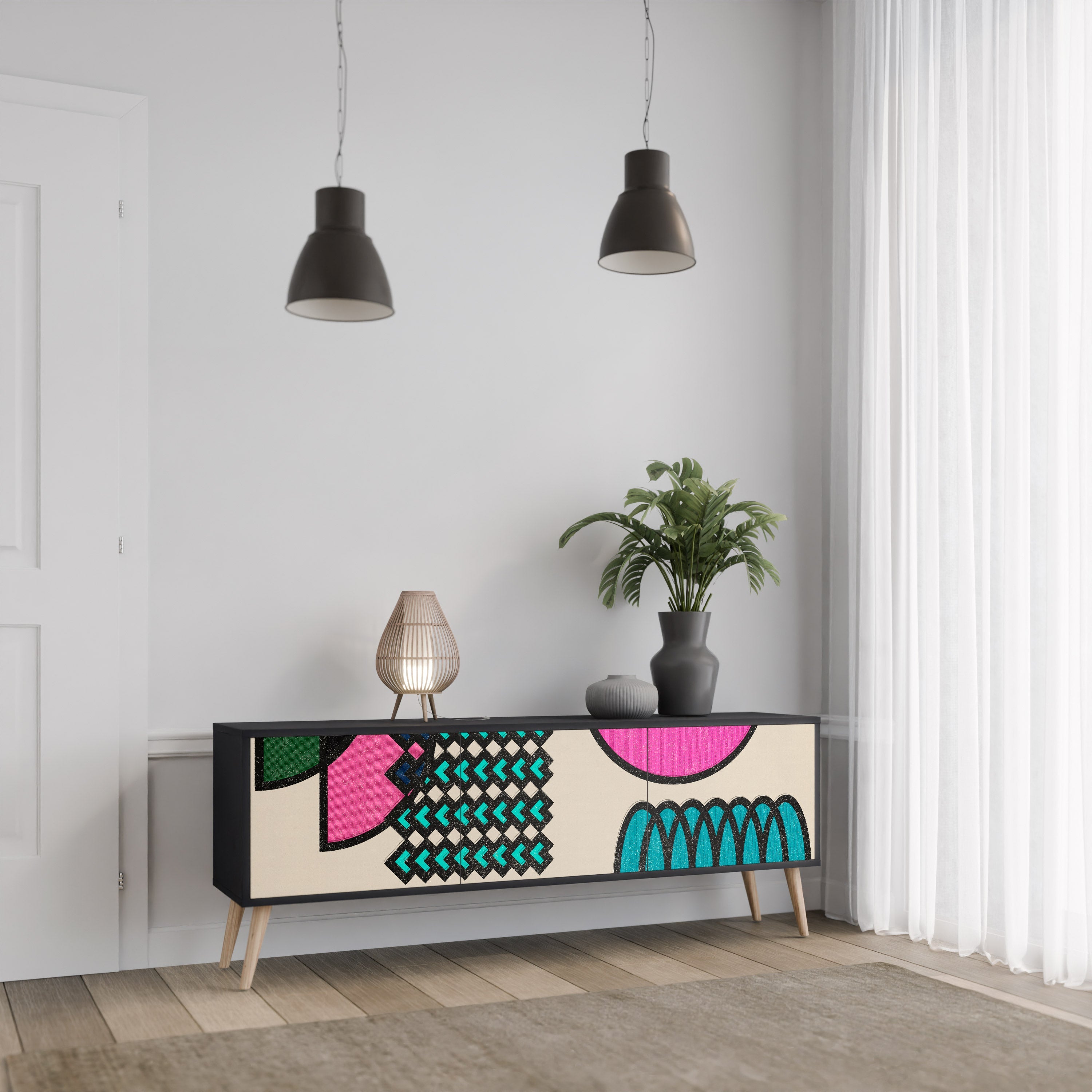 GEOMETRIC RHAPSODY 3-Door TV Stand in Black Finish