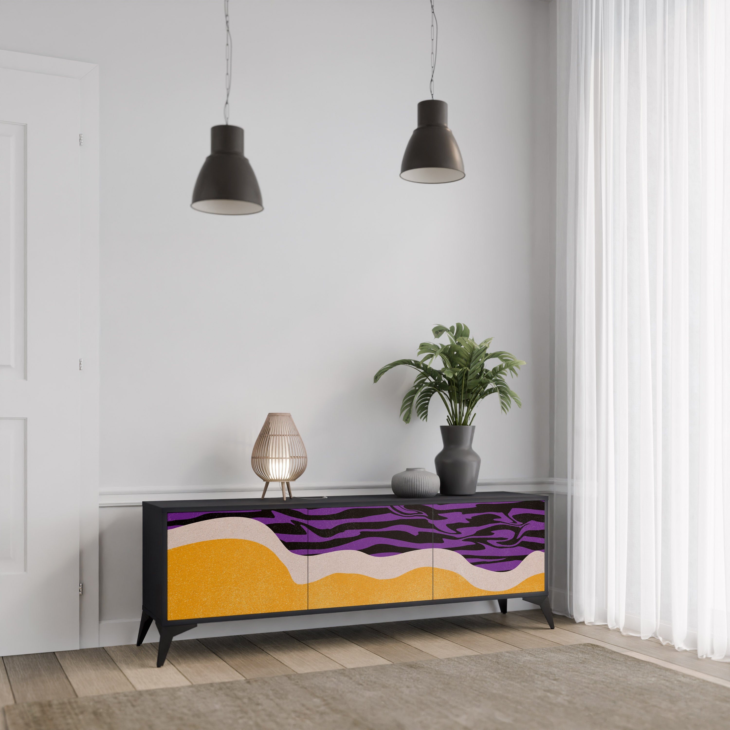 INDEPENDENT BORDER 3-Door TV Stand in Black Finish