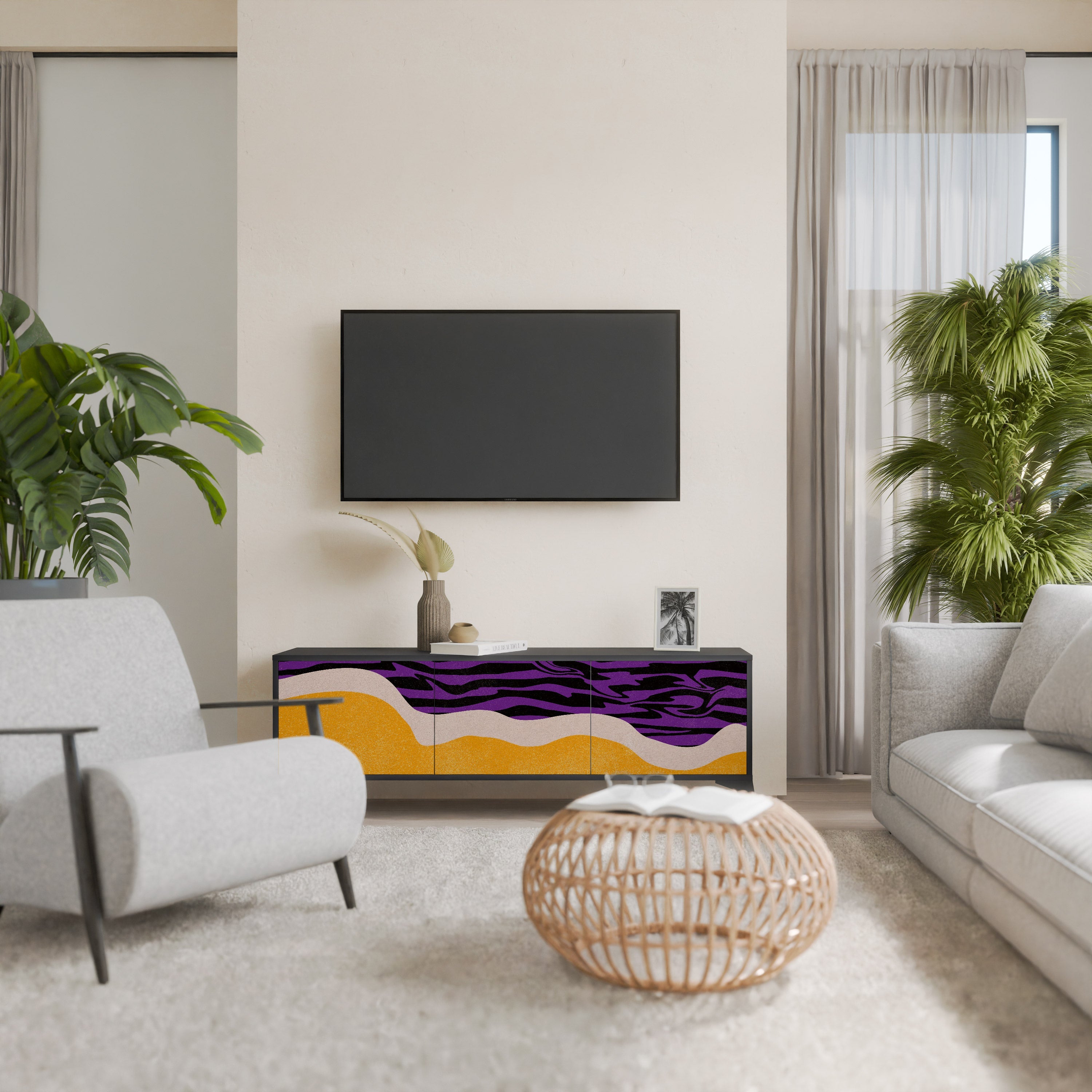 INDEPENDENT BORDER 3-Door TV Stand in Black Finish