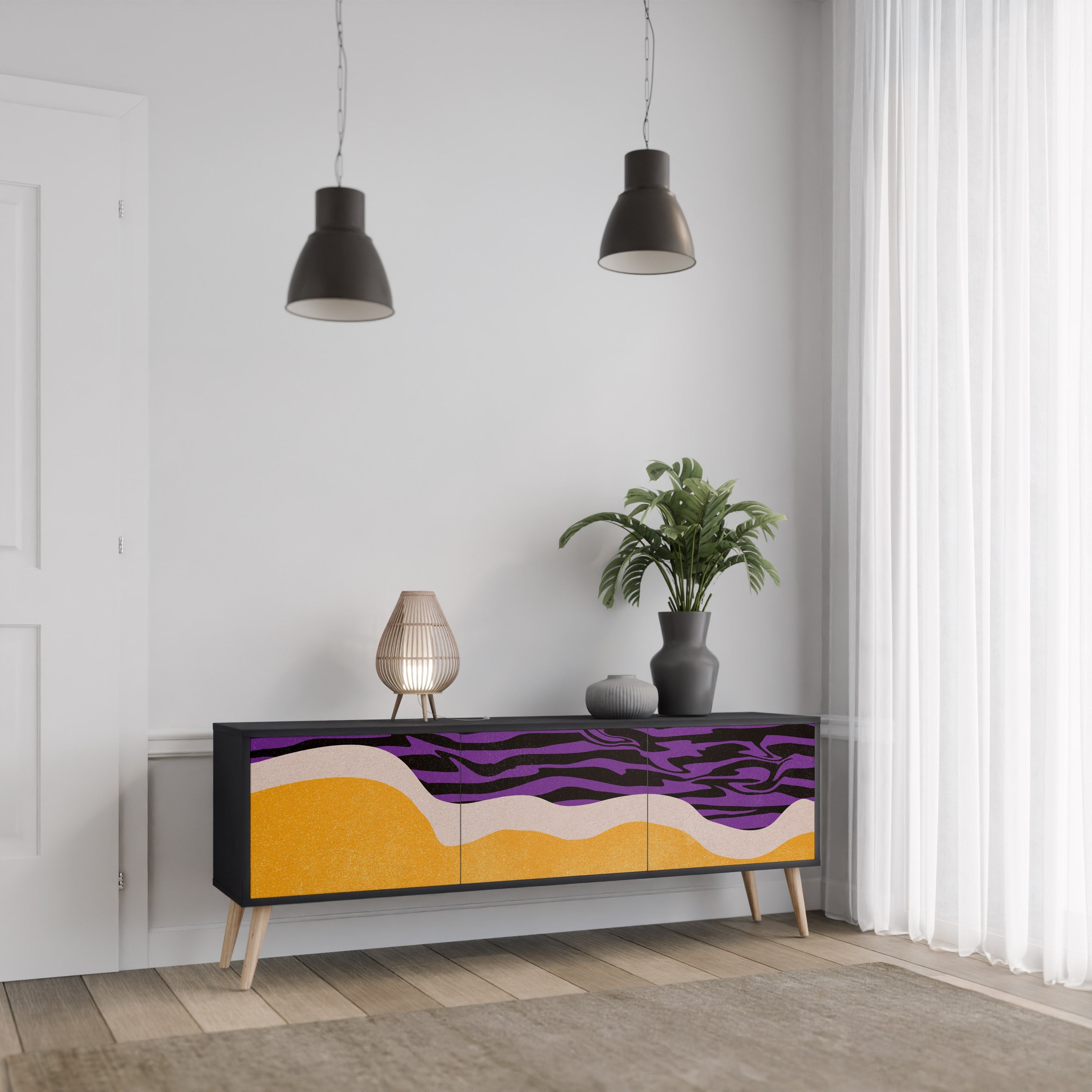 INDEPENDENT BORDER 3-Door TV Stand in Black Finish