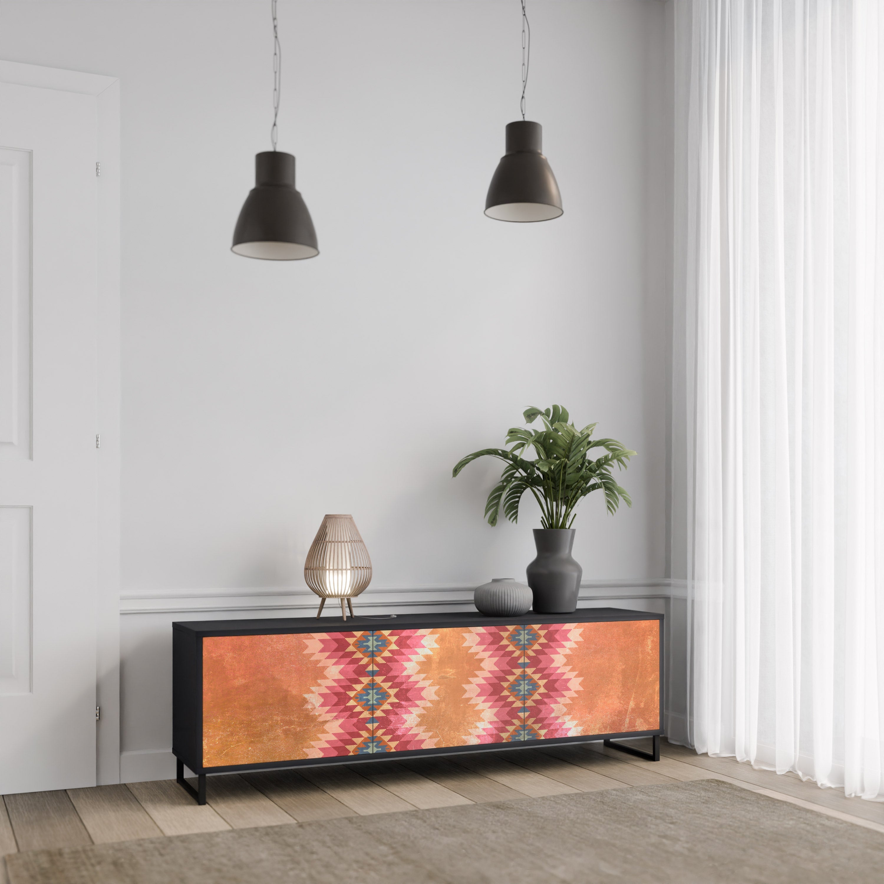 INDIAN FOLK 3-Door TV Stand in Black Finish