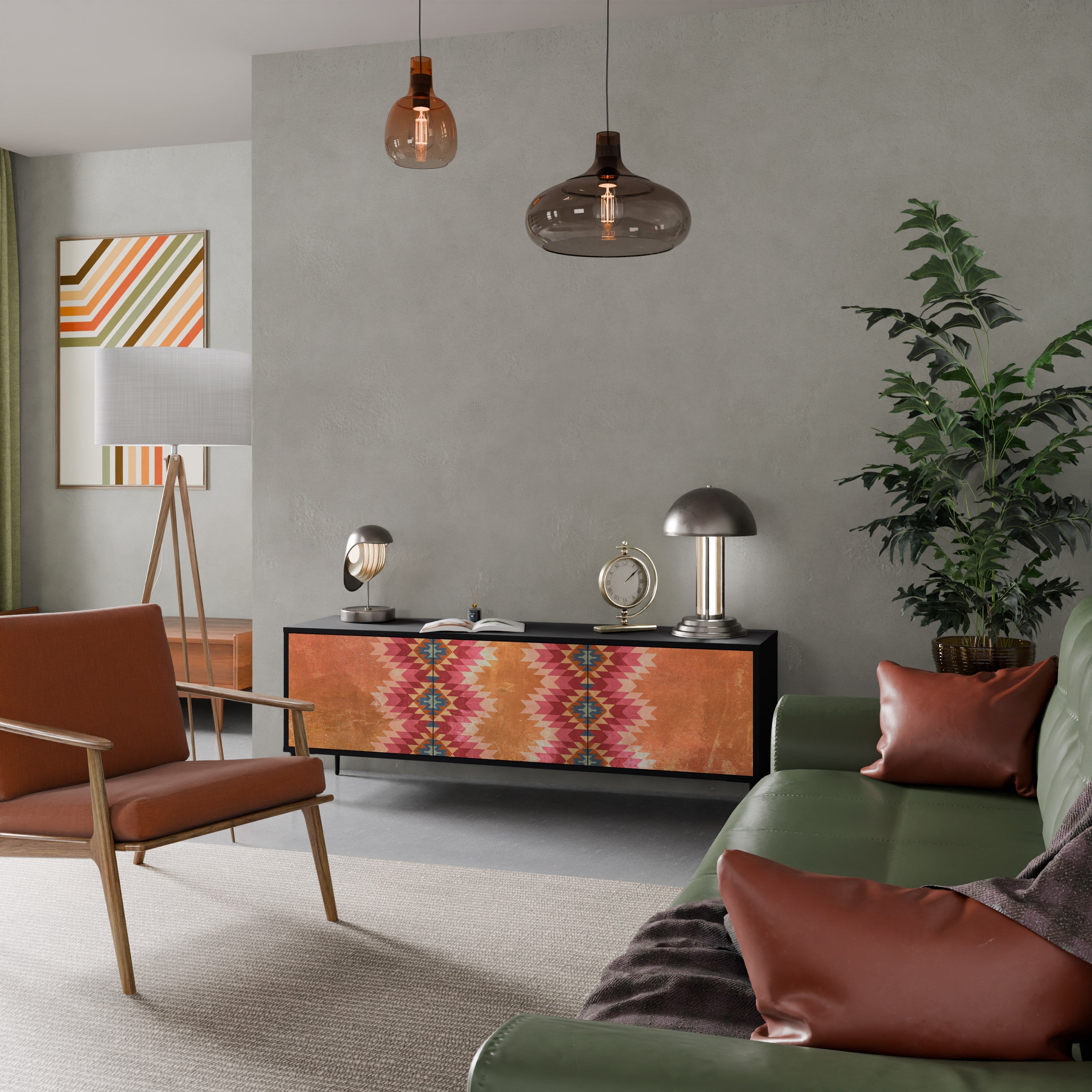 INDIAN FOLK Móvel de TV com 3 Portas em Acabamento Preto