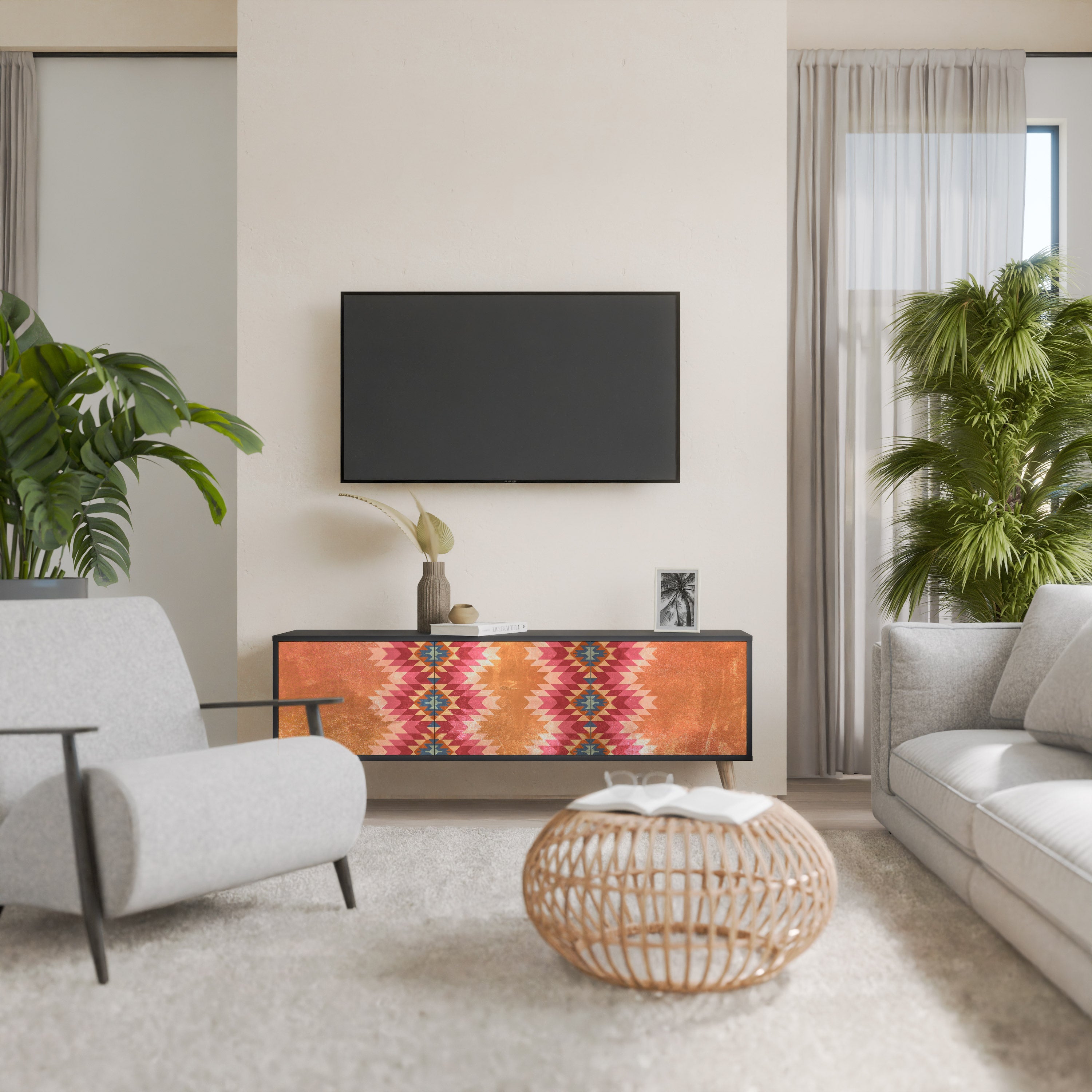 INDIAN FOLK 3-Door TV Stand in Black Finish