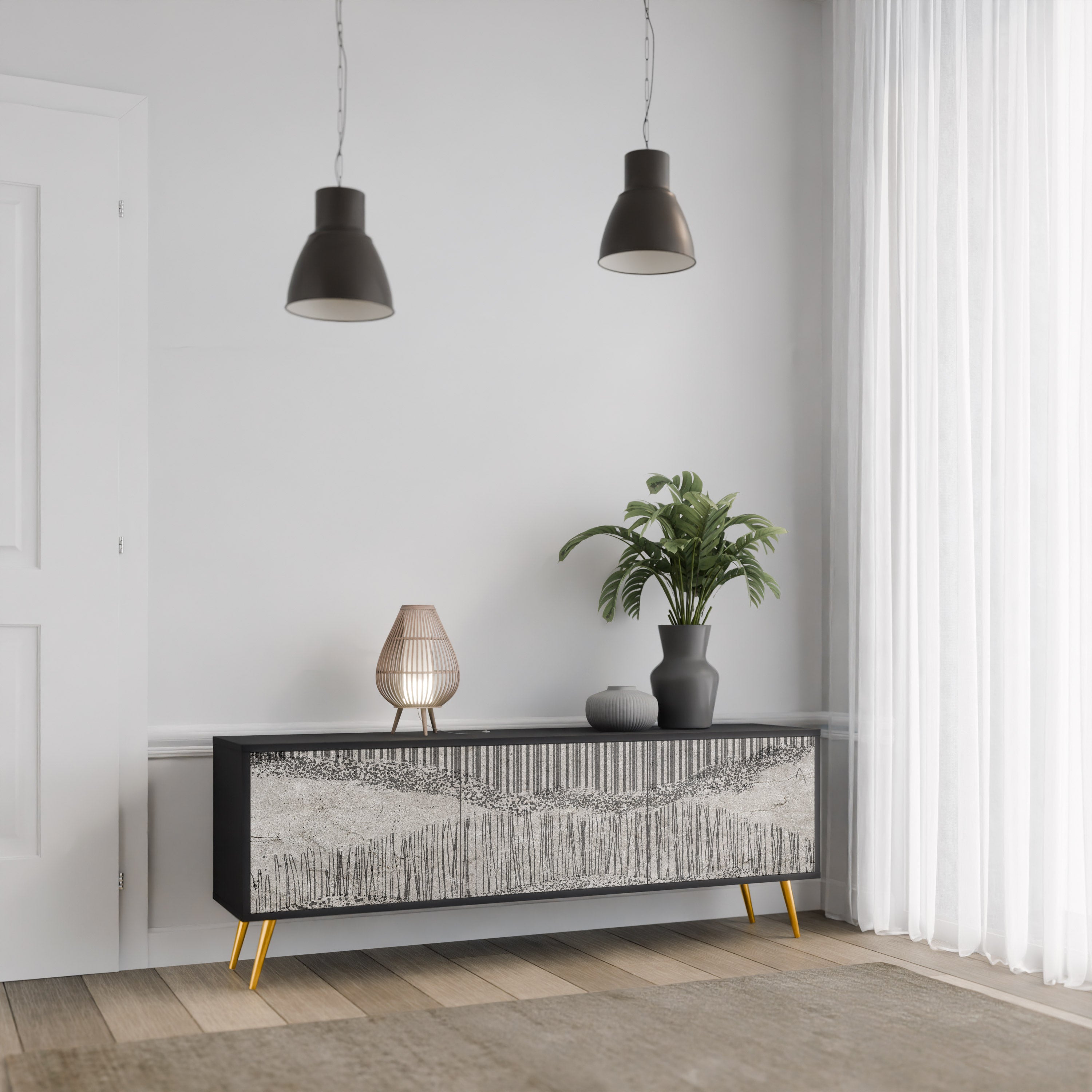 GRAIN LINES Móvel de TV com 3 Portas em Acabamento Preto