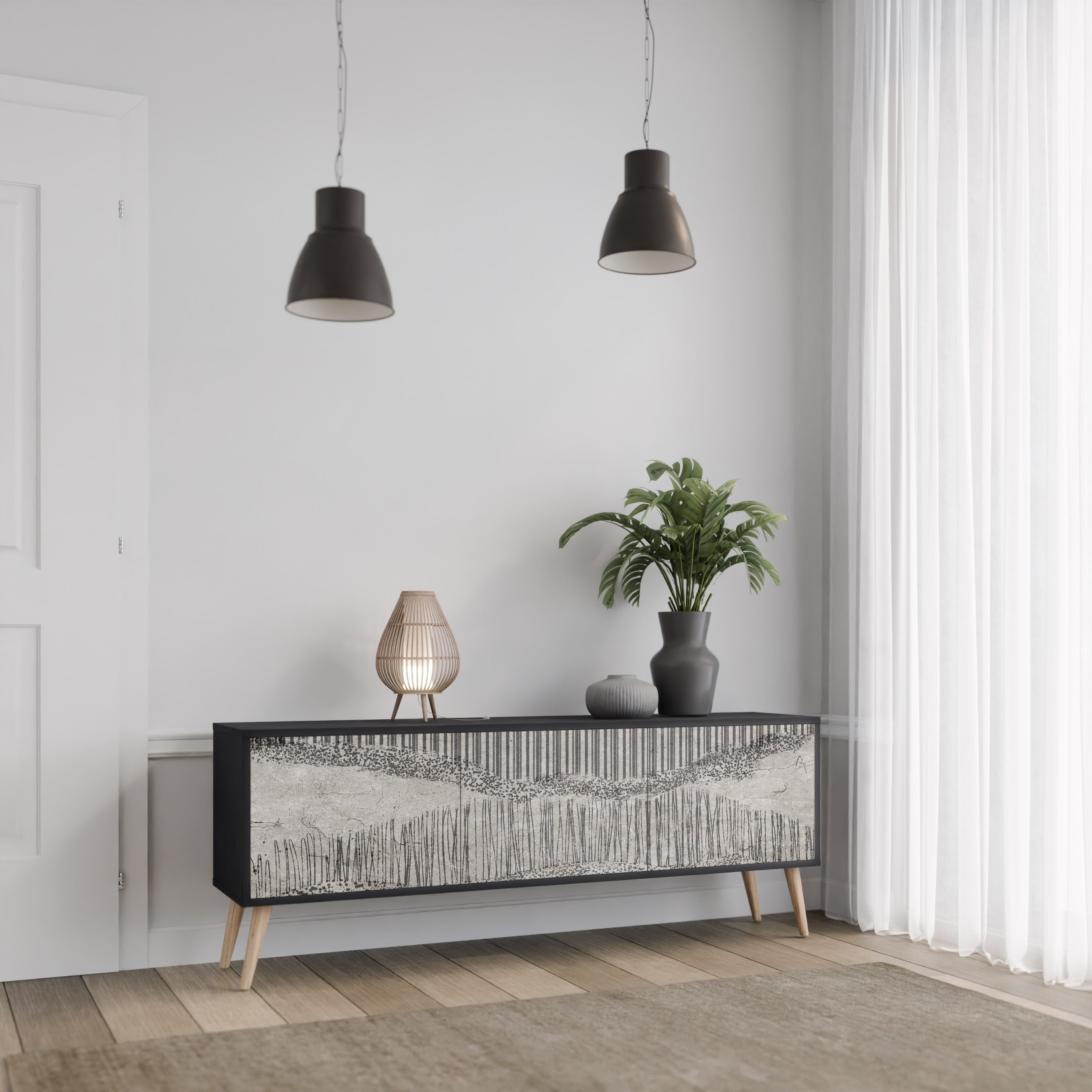 GRAIN LINES Móvel de TV com 3 Portas em Acabamento Preto