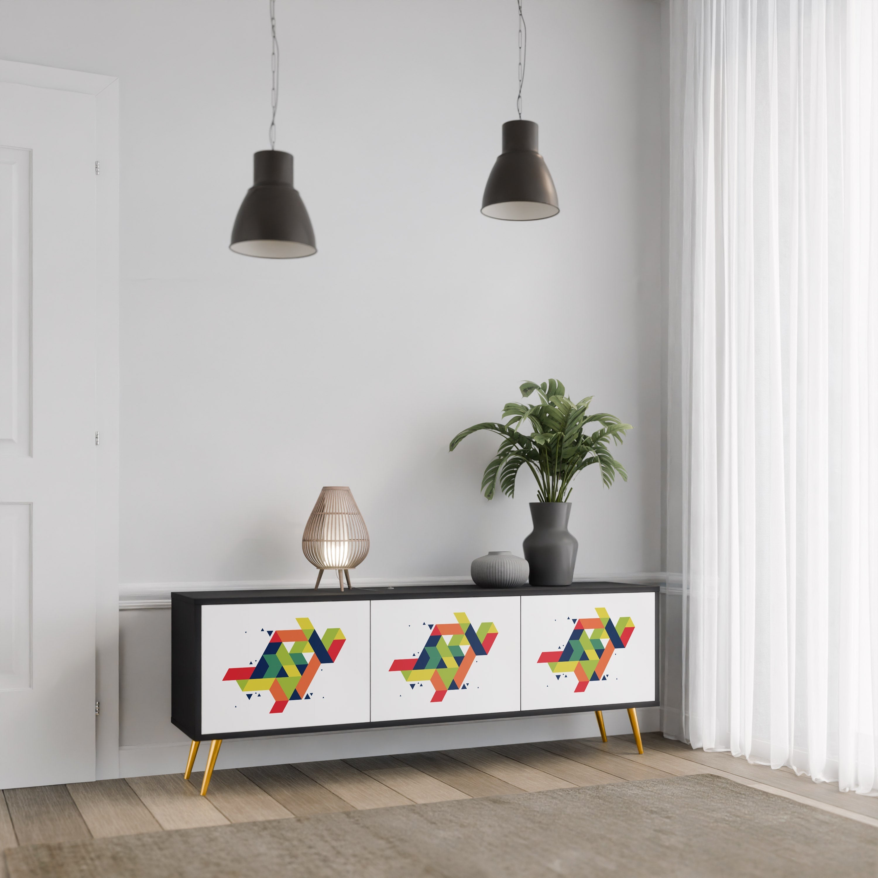 FUTURE SIGN 3-Door TV Stand in Black Finish