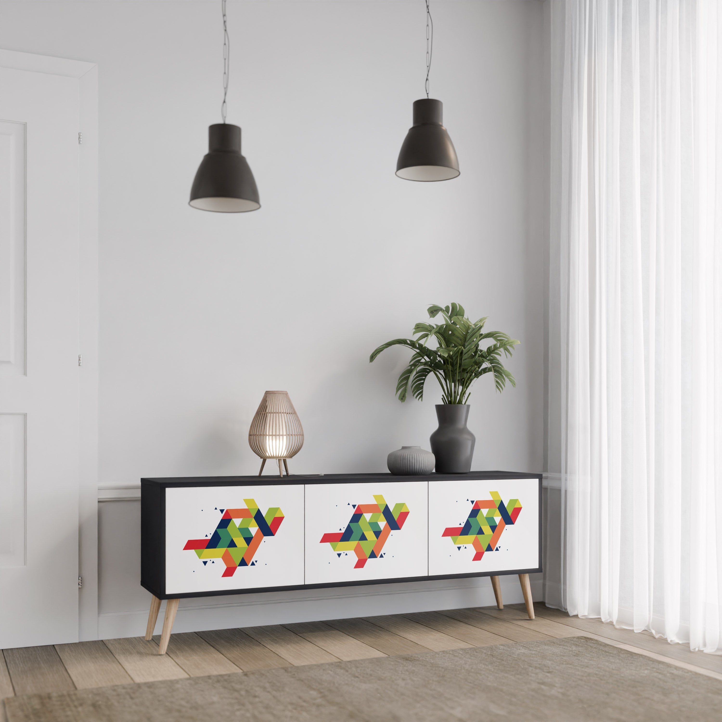 FUTURE SIGN 3-Door TV Stand in Black Finish