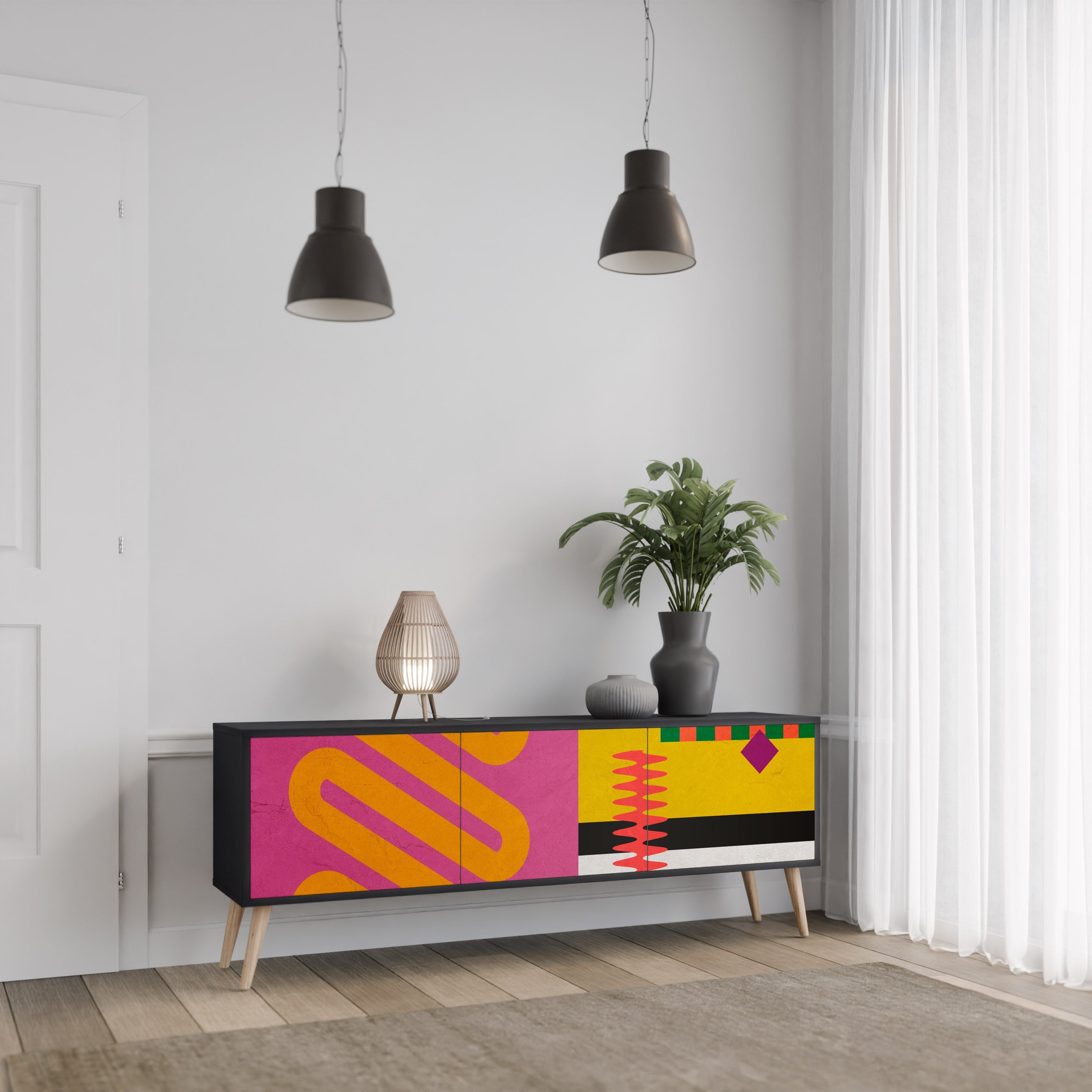 VIVID ART 3-Door TV Stand in Black Finish