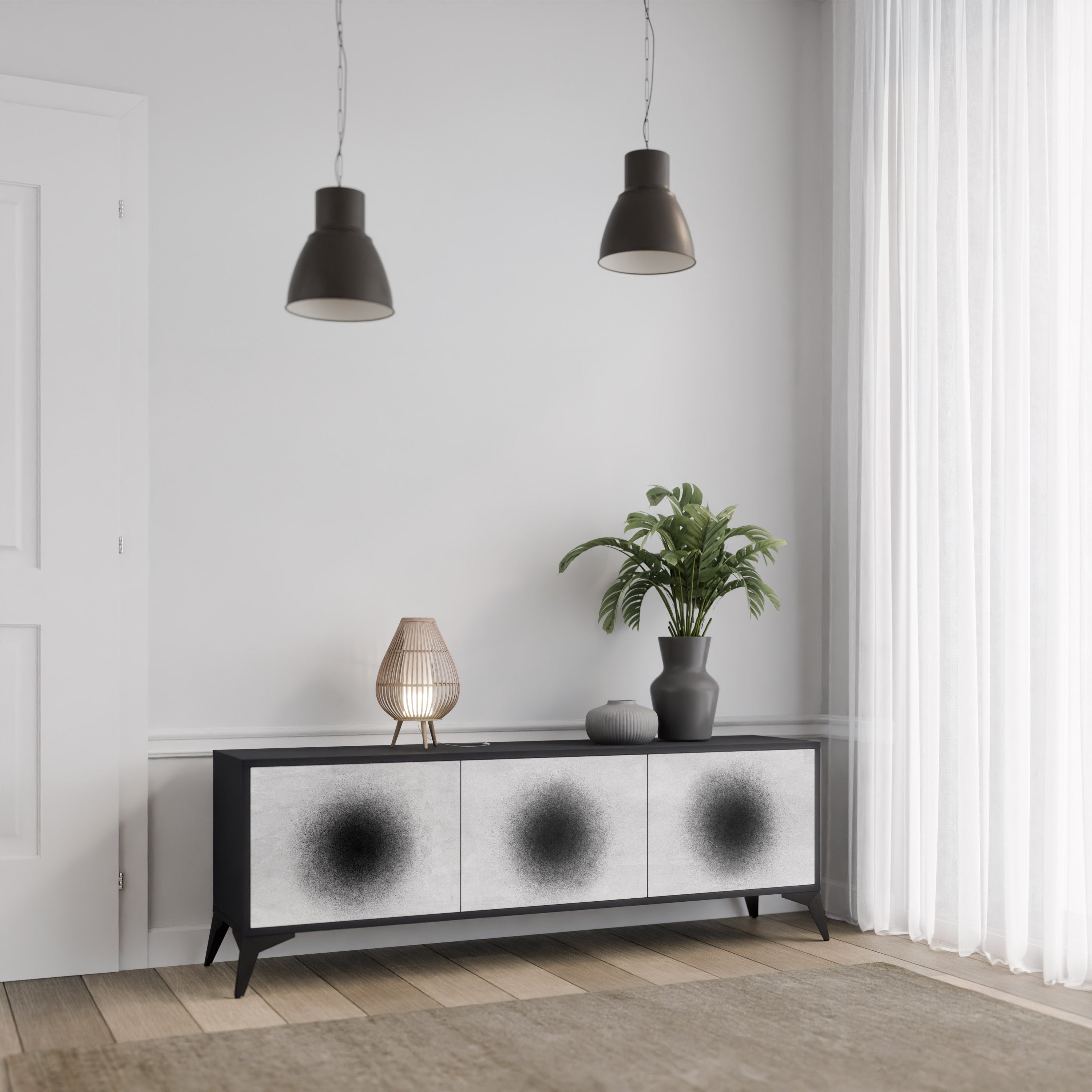 BLACK HOLE 3-Door TV Stand in Black Finish