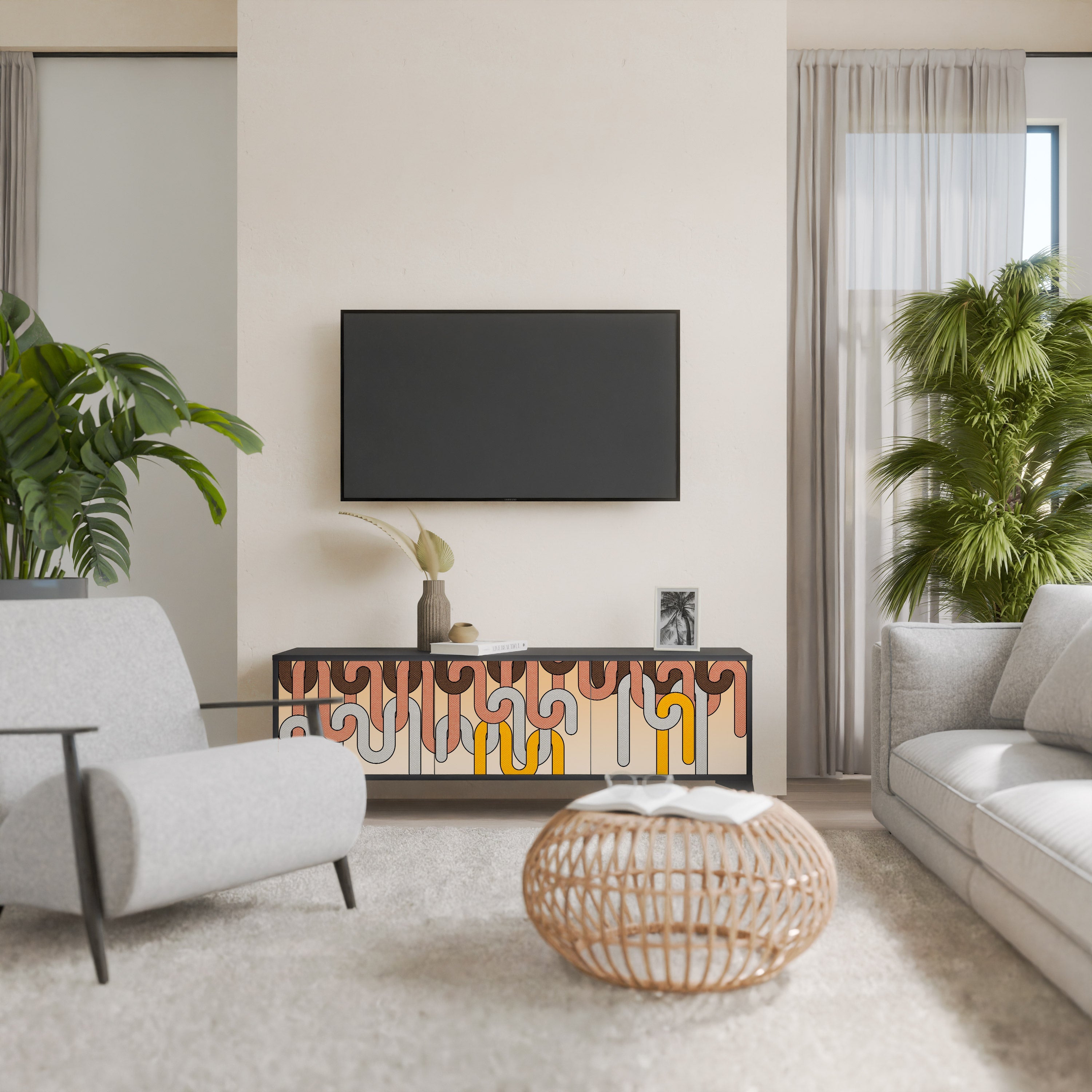 COLORFUL STRINGS Móvel de TV com 3 Portas em Acabamento Preto