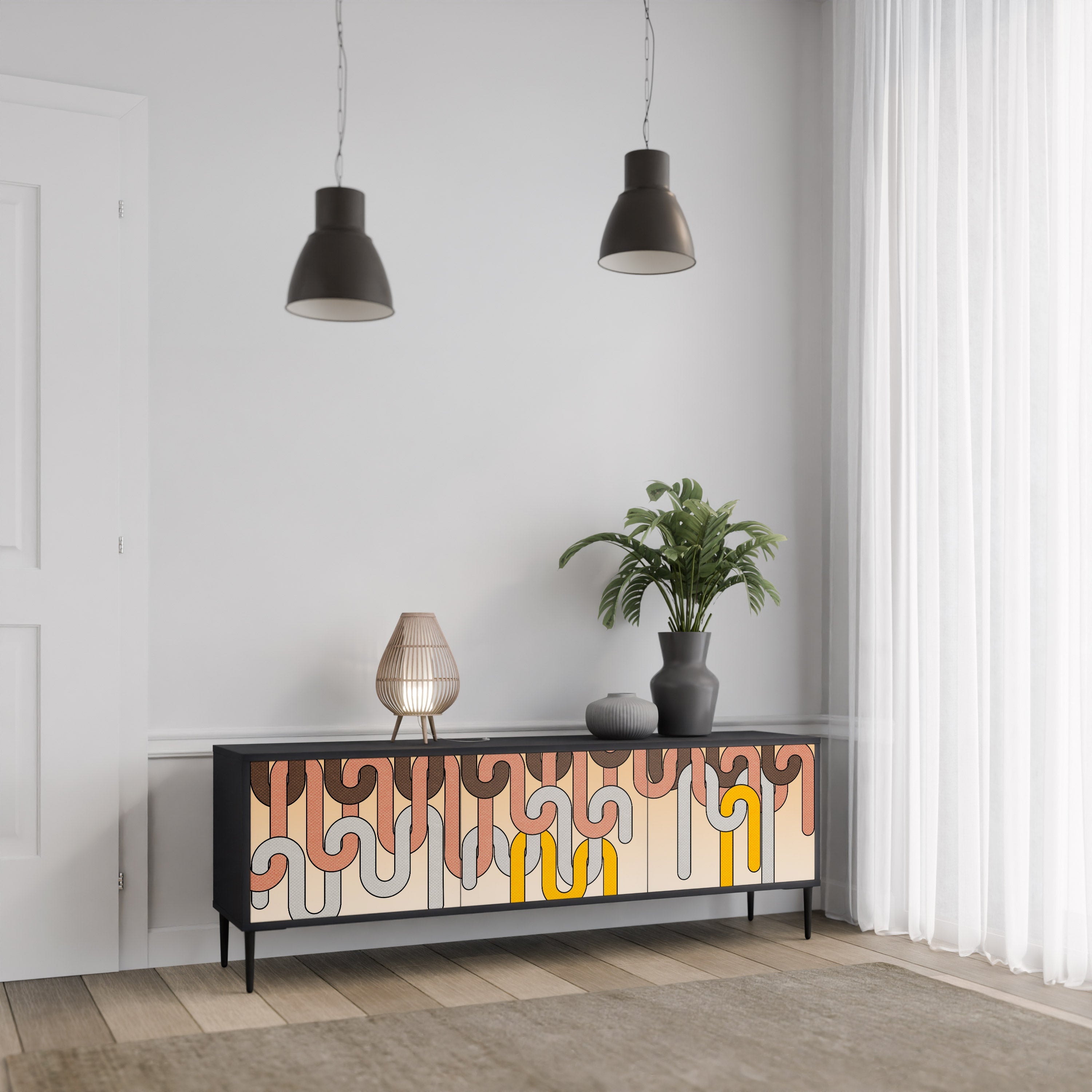 COLORFUL STRINGS Móvel de TV com 3 Portas em Acabamento Preto