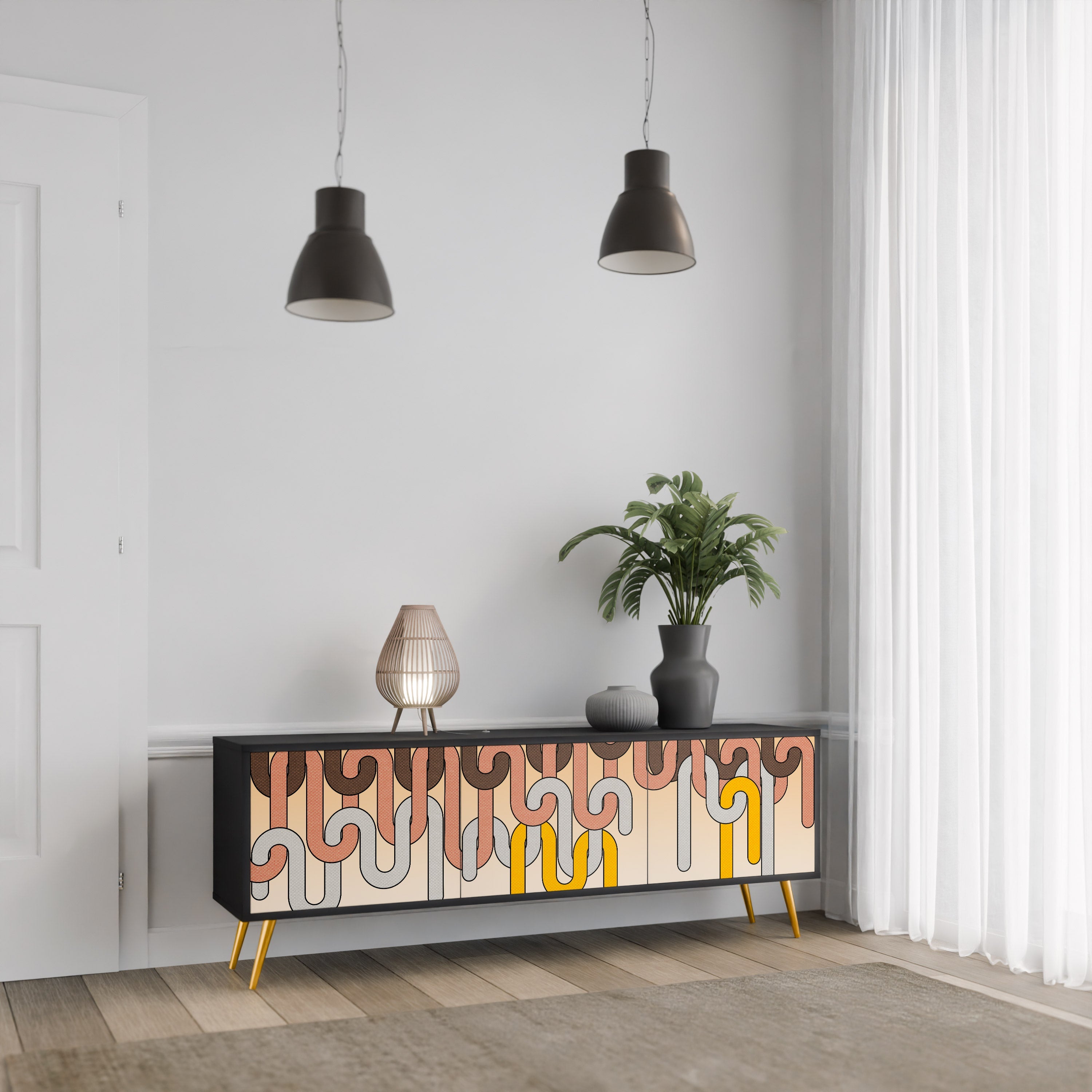 COLORFUL STRINGS Móvel de TV com 3 Portas em Acabamento Preto