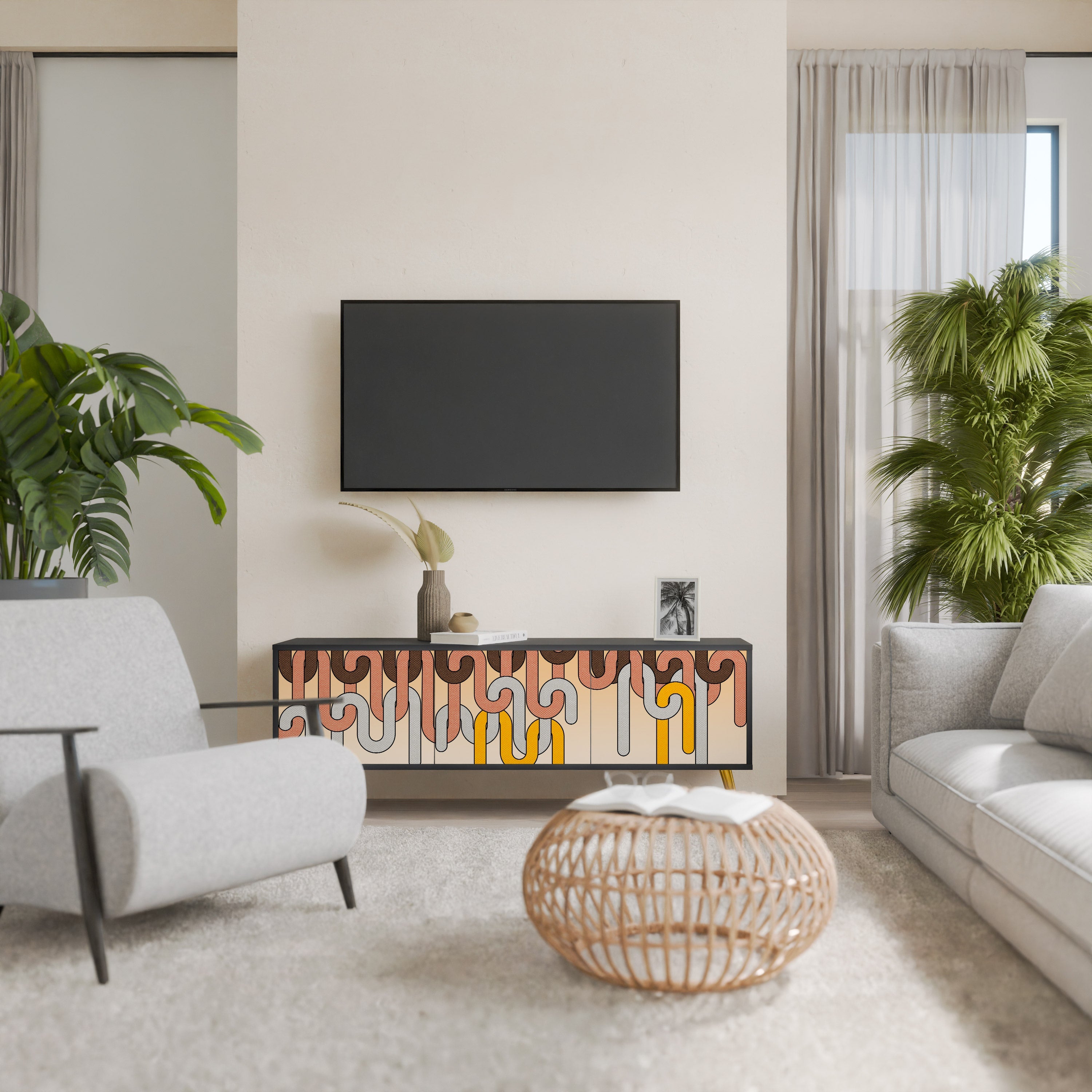 COLORFUL STRINGS Móvel de TV com 3 Portas em Acabamento Preto