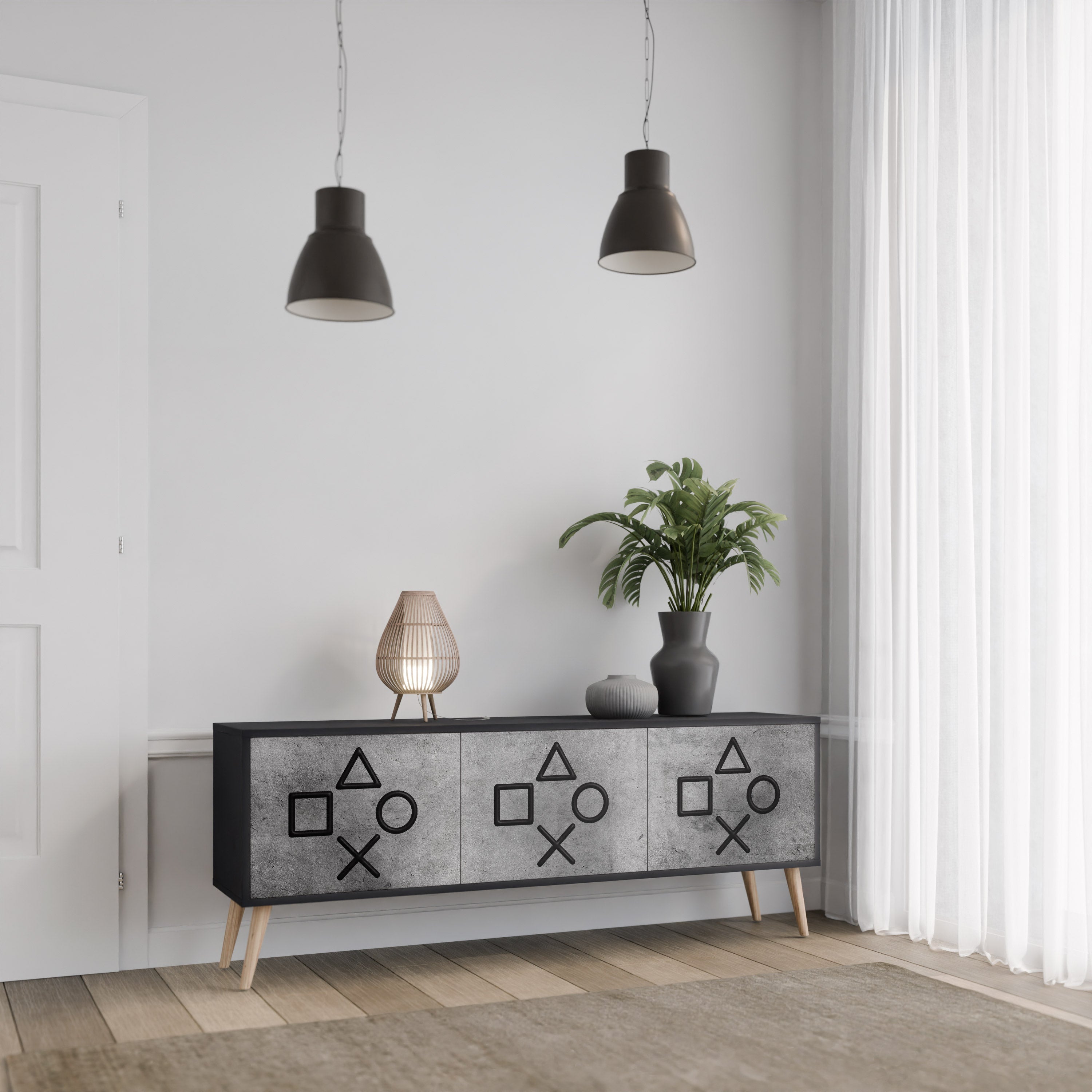 GAMER CHOICE Móvel de TV com 3 Portas em Acabamento Preto